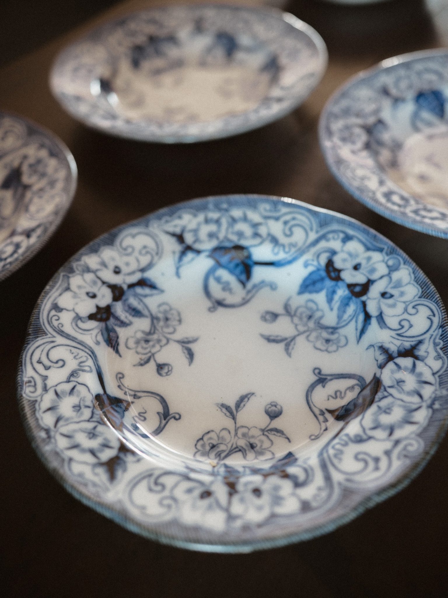 Set of 6 Petrus Regout “Flora” Blue & White Plates with Matching Compote