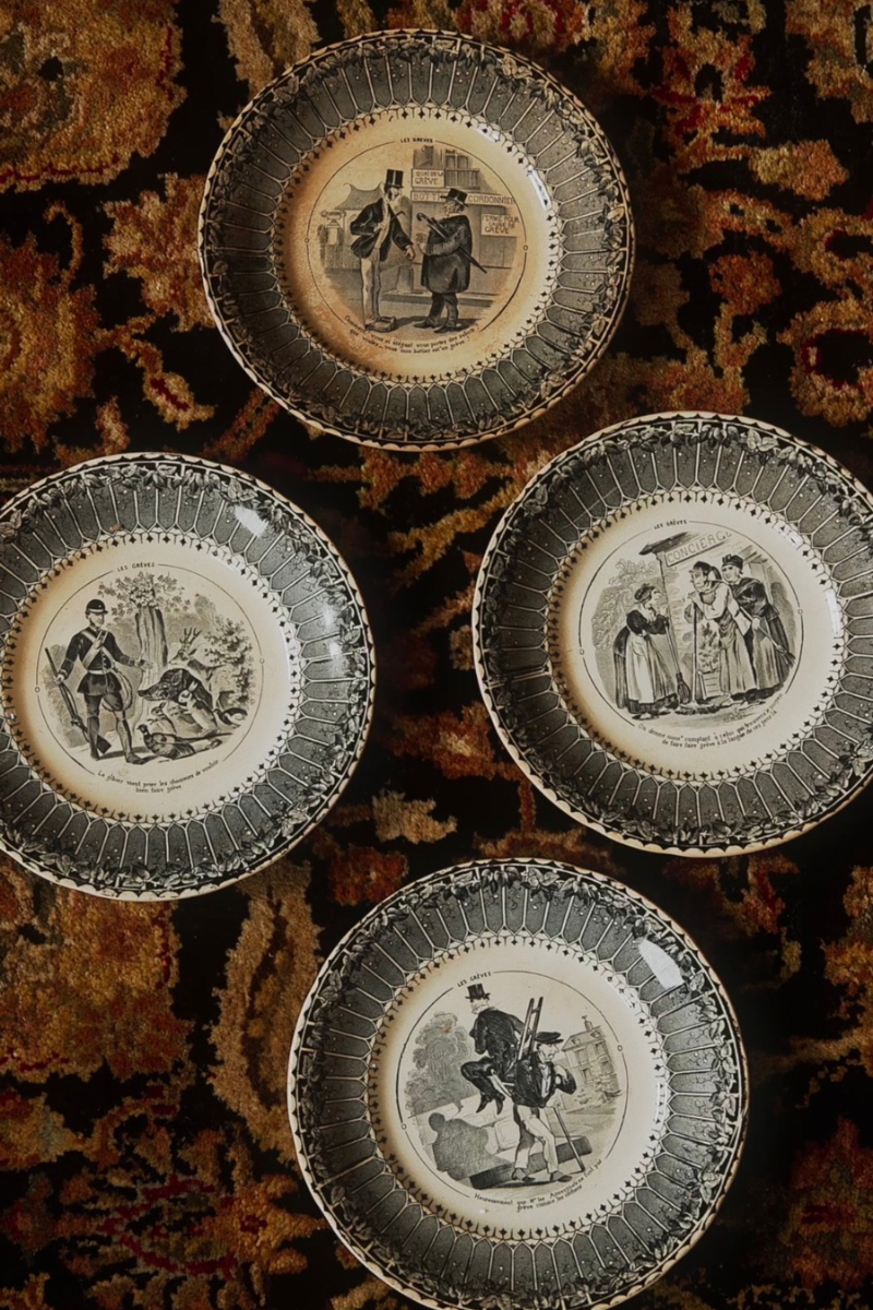 French Transferware “Les Grèves” Plates, Sarreguemines Circa 1900