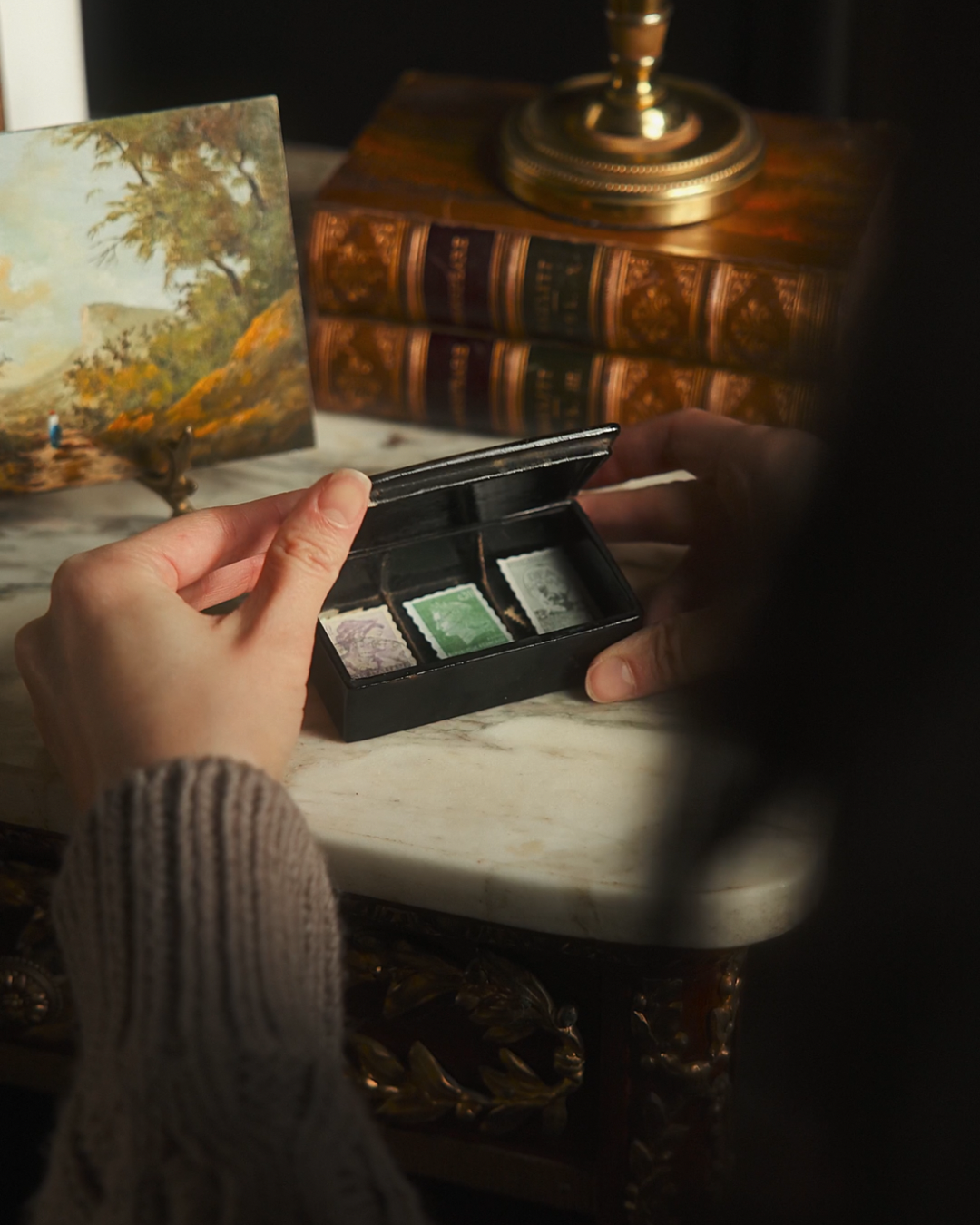 Late 19th Century French Gilt-Tole “Timbres” Stamp Box