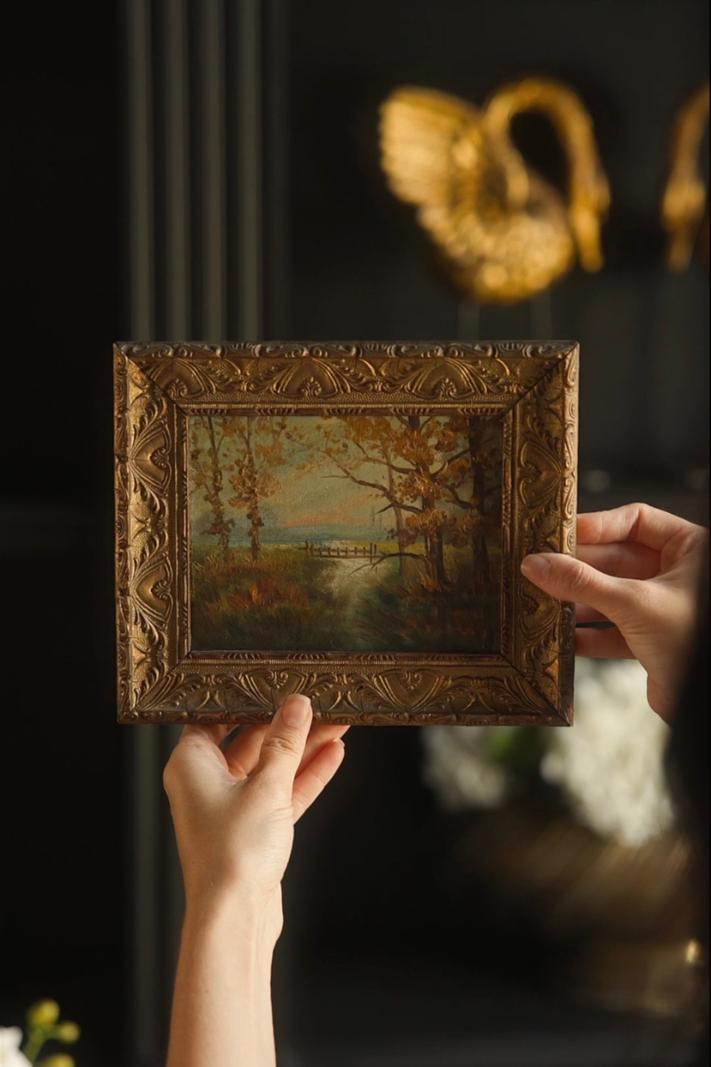 Autumn Landscape with Path and Water, Oil on Board, Continental School
