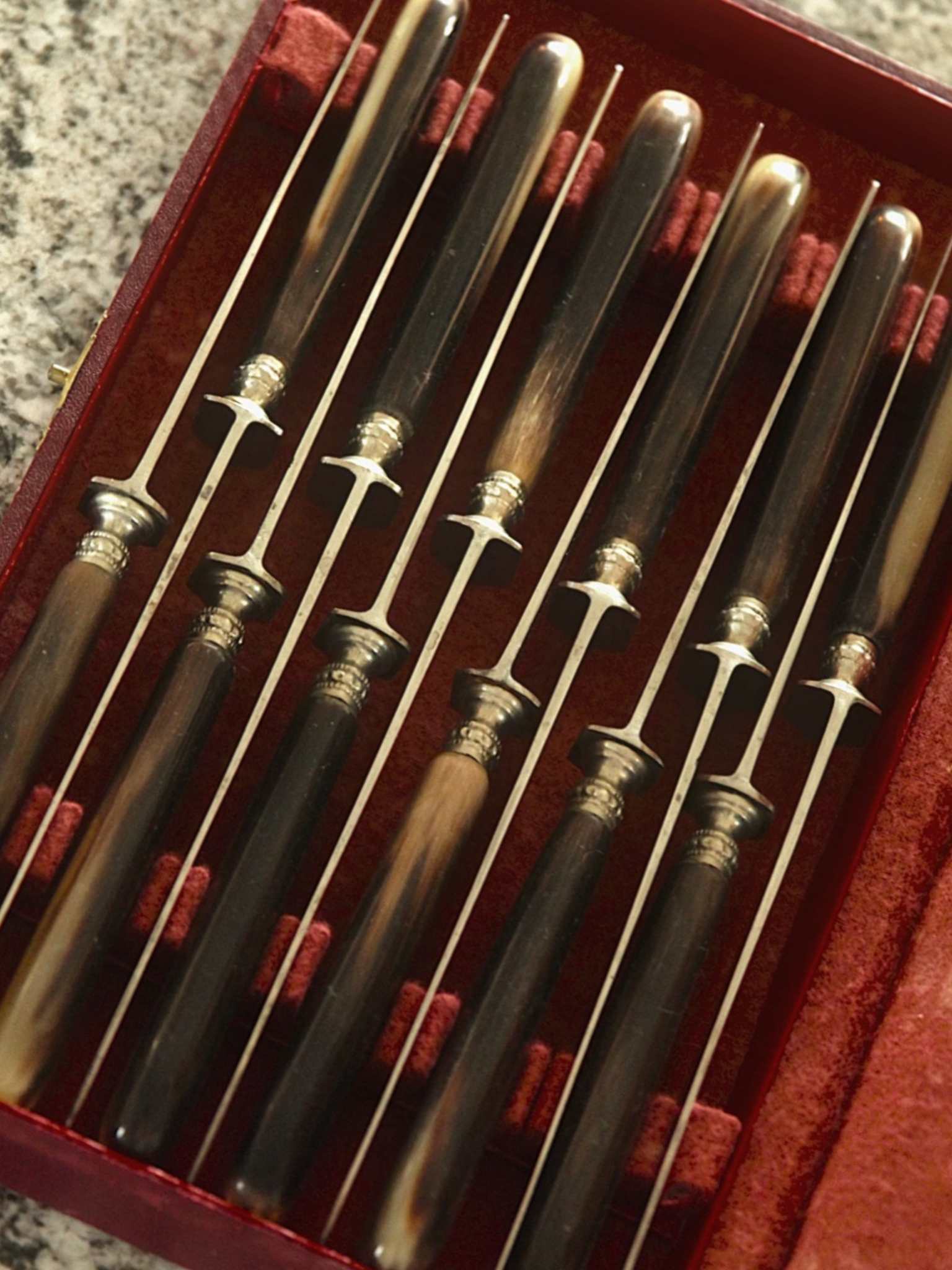 Antique Set of 12 Bourdin Horn-Handled Knives in Original Fitted Case – Lyon, France
