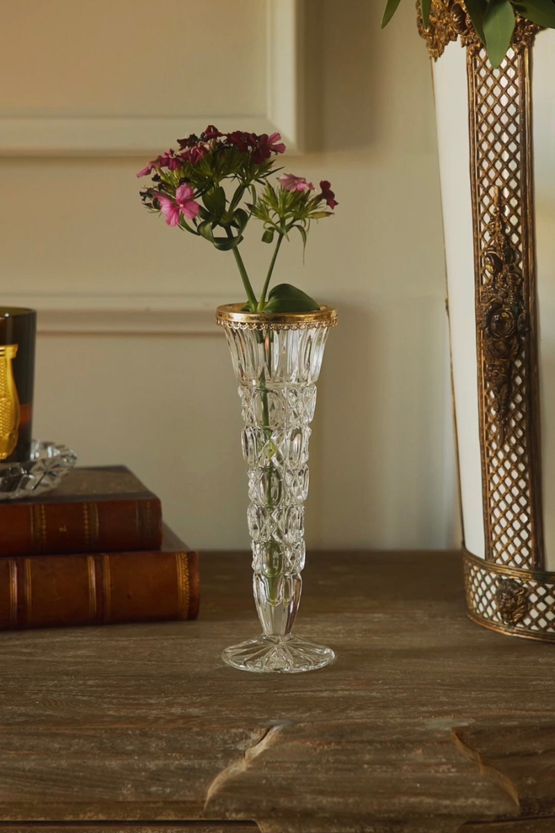 Crystal Bud Vase with Scalloped Brass Trim