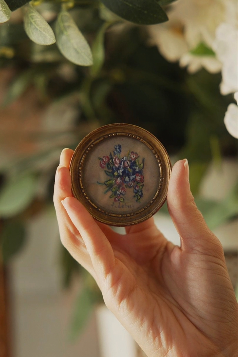 French Miniature Floral Painting in Round Gilt Frame