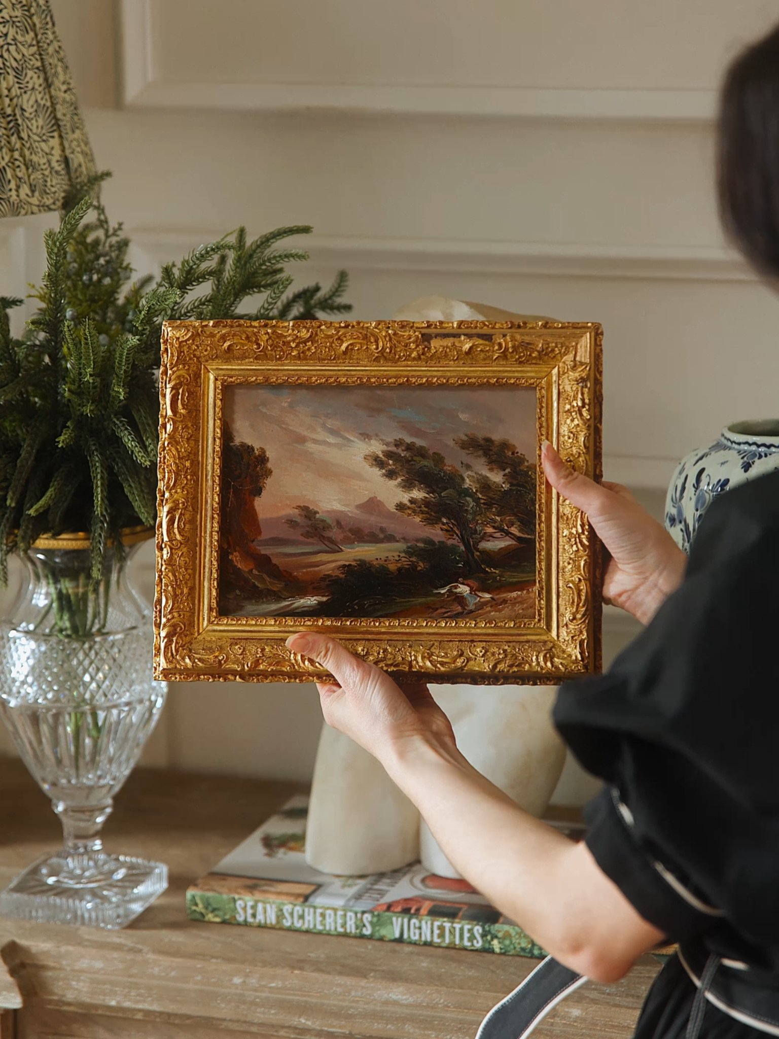 Antique Romantic Landscape Painting in Ornate Gilt Frame