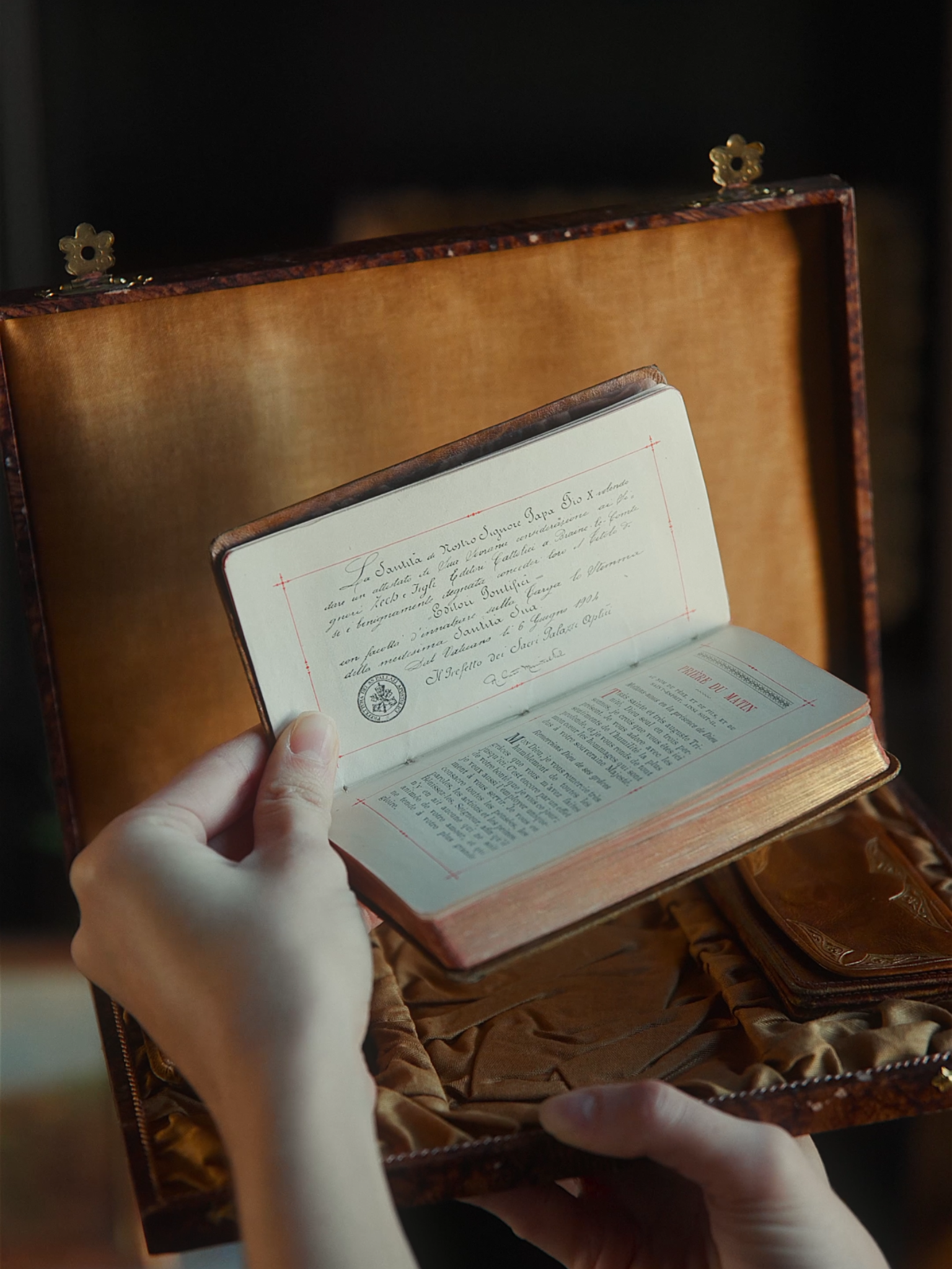 19th-Century French Devotional Travel Set in Tooled Leather Case