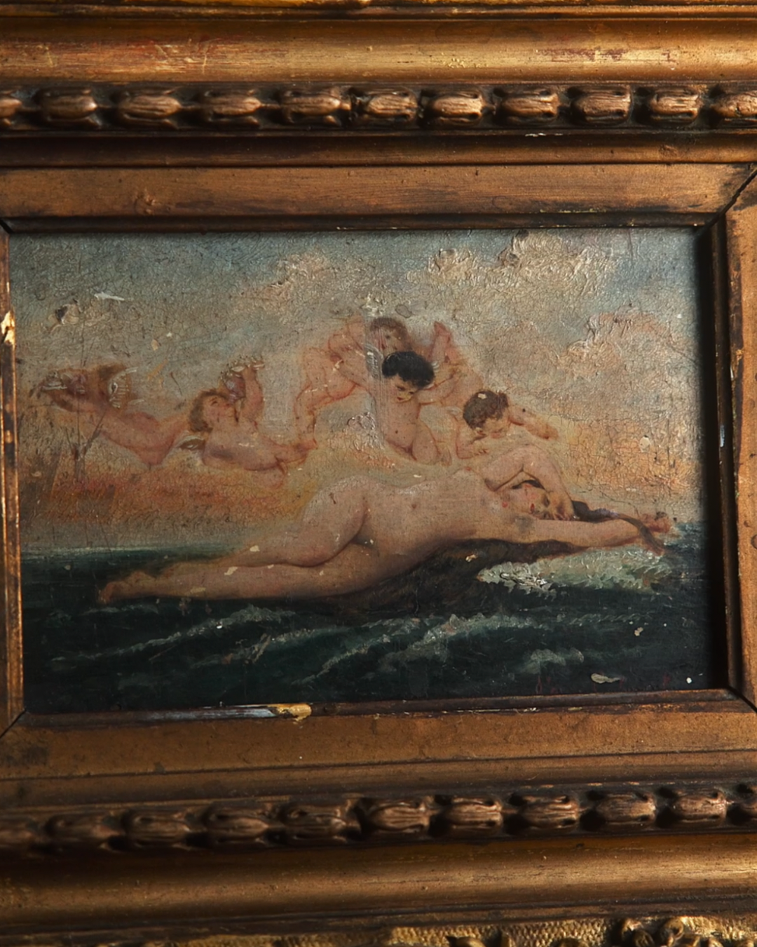 Small Mythological Nude Oil Painting in Gilt Wood Frame — Late 19th Century