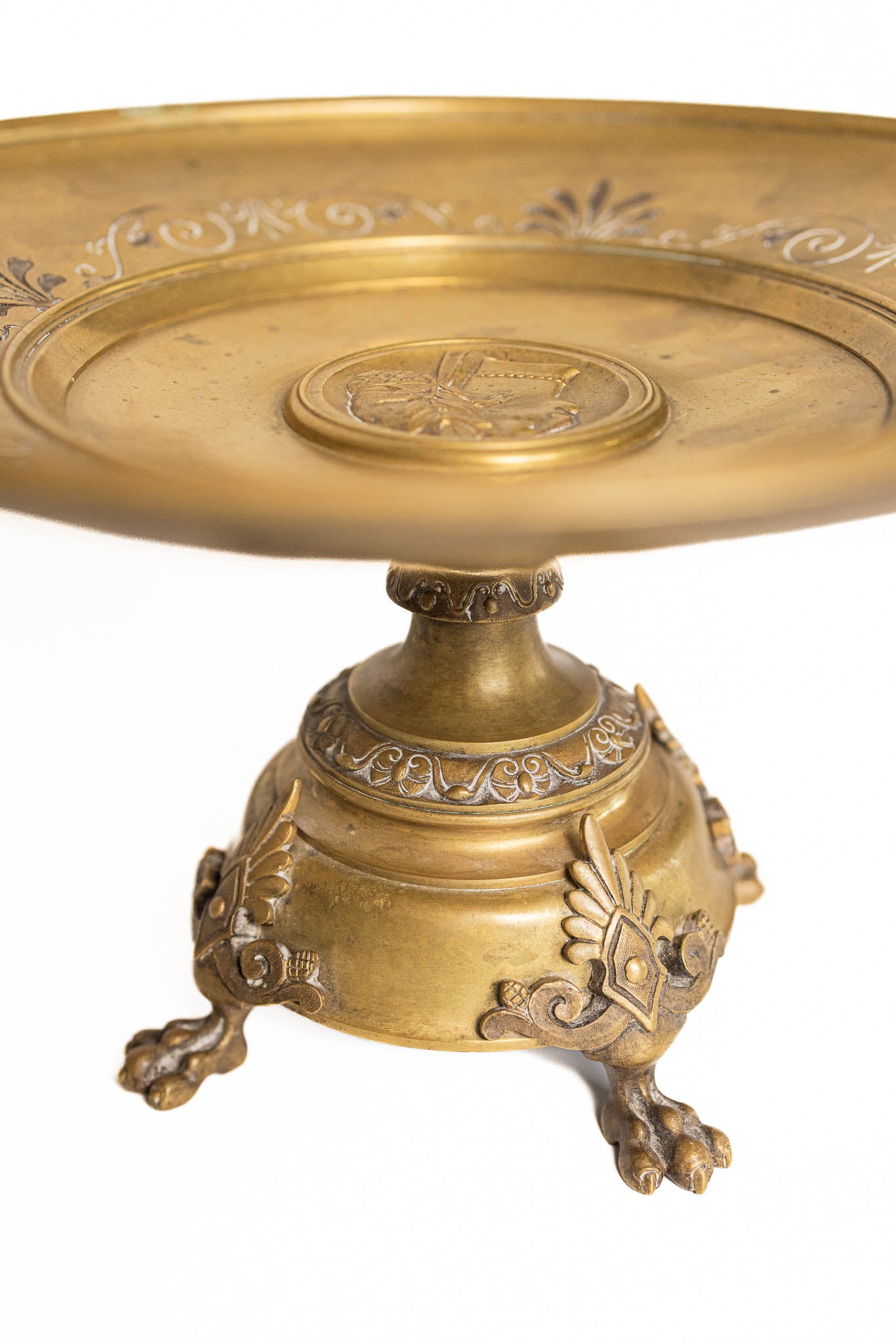 1800s Antique French Gilt Bronze Tazza with Classical Profile Medallion and Paw Feet