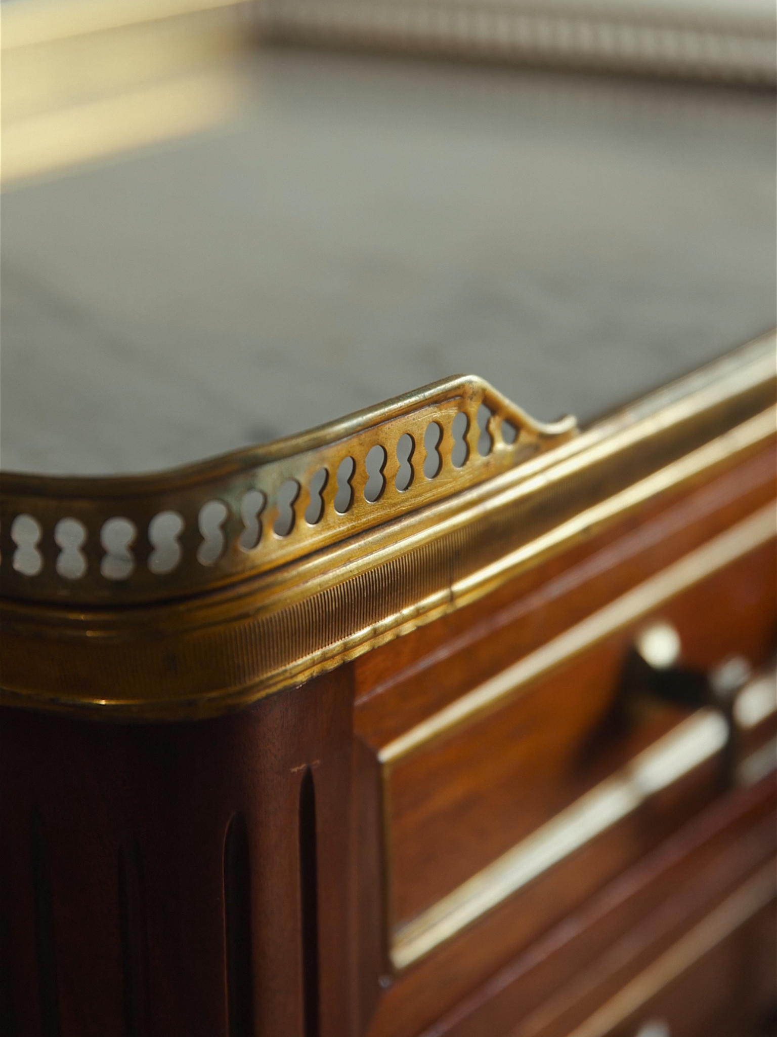 Pair of Louis XVI–Style Mahogany Nightstands with Carrara Marble Tops