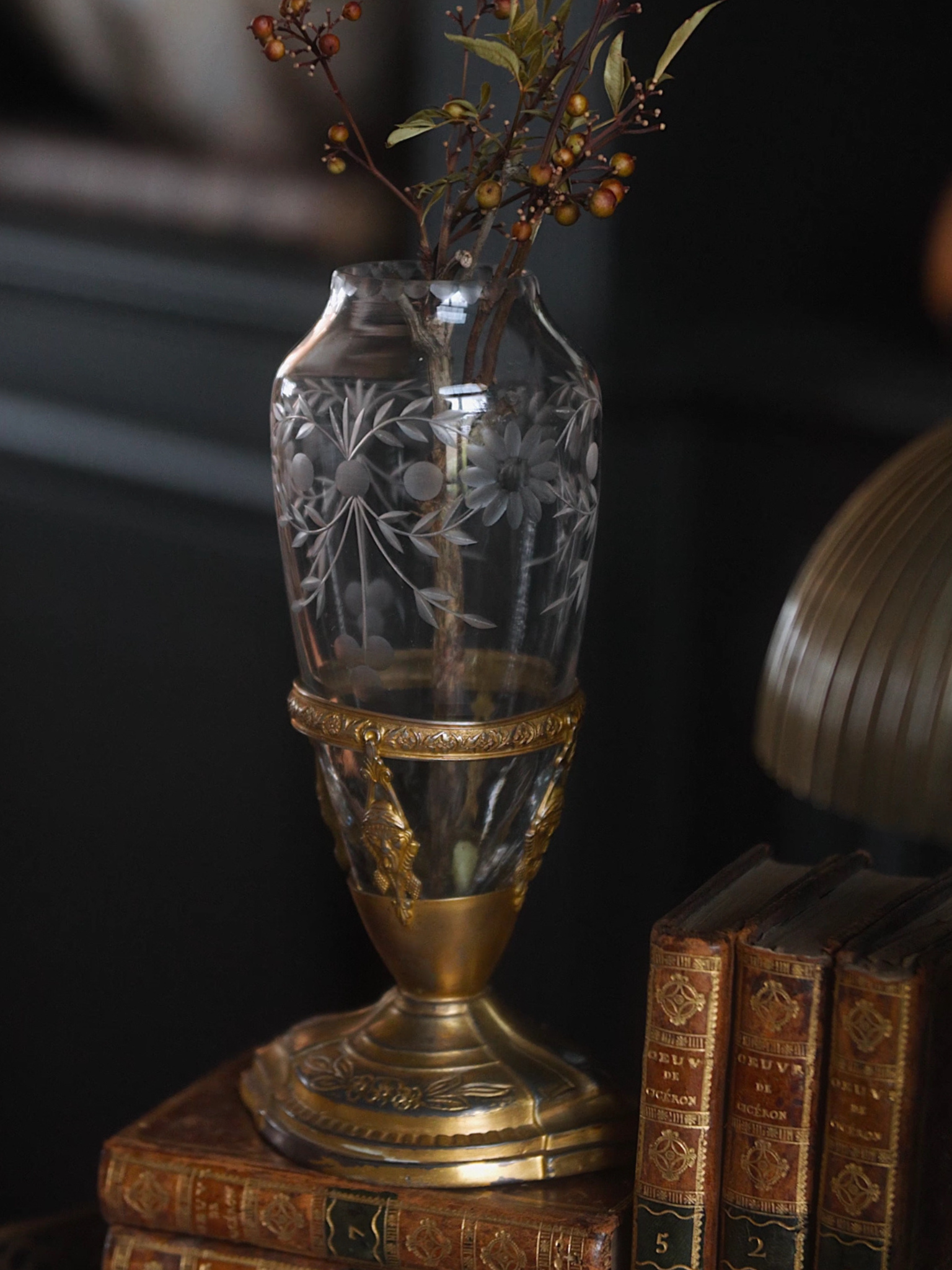 Antique Cut Crystal Vase with Bronze Mount