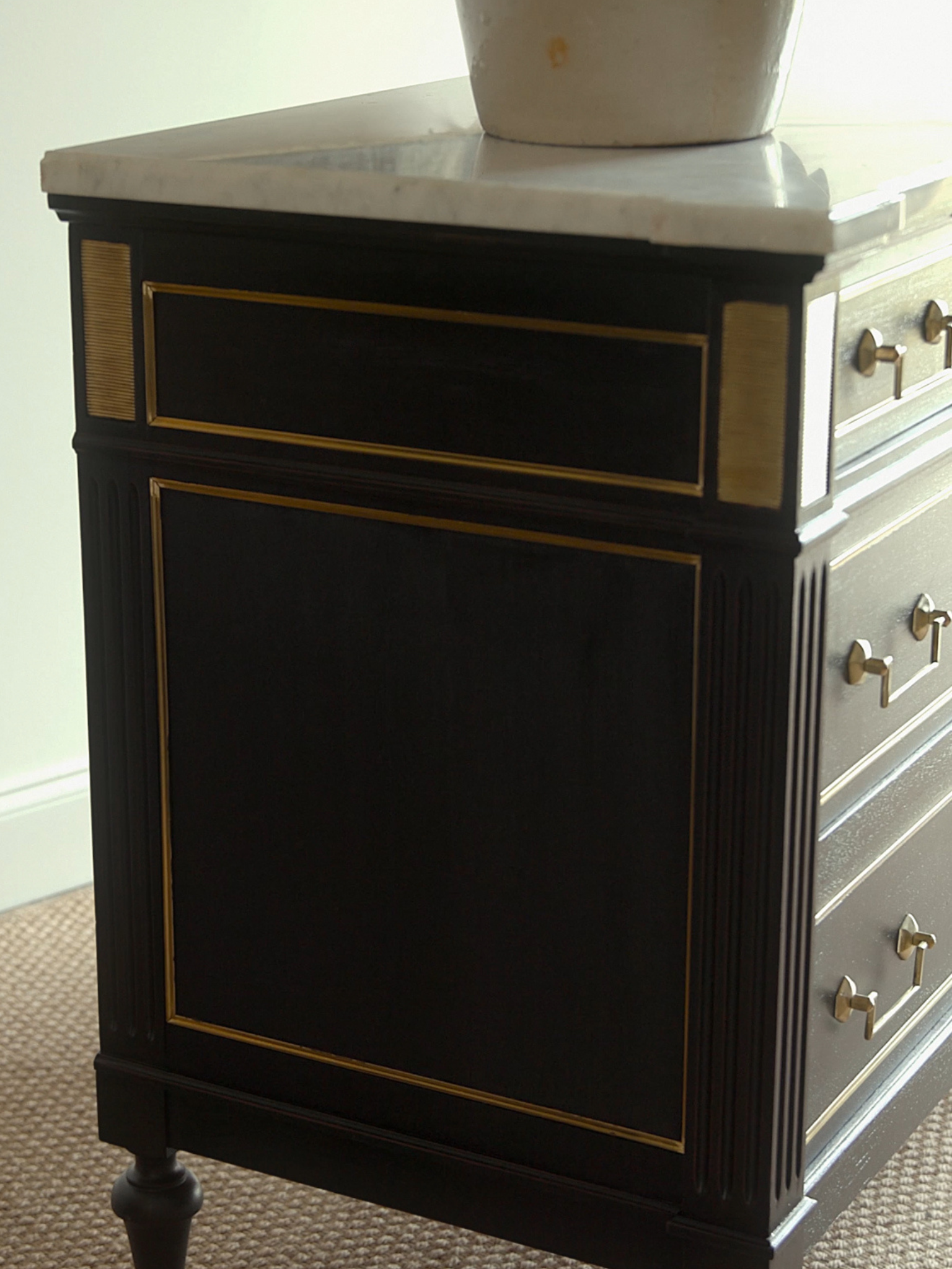Louis XVI Style Black Lacquered Commode with Brass Trim & Carrara Marble Top