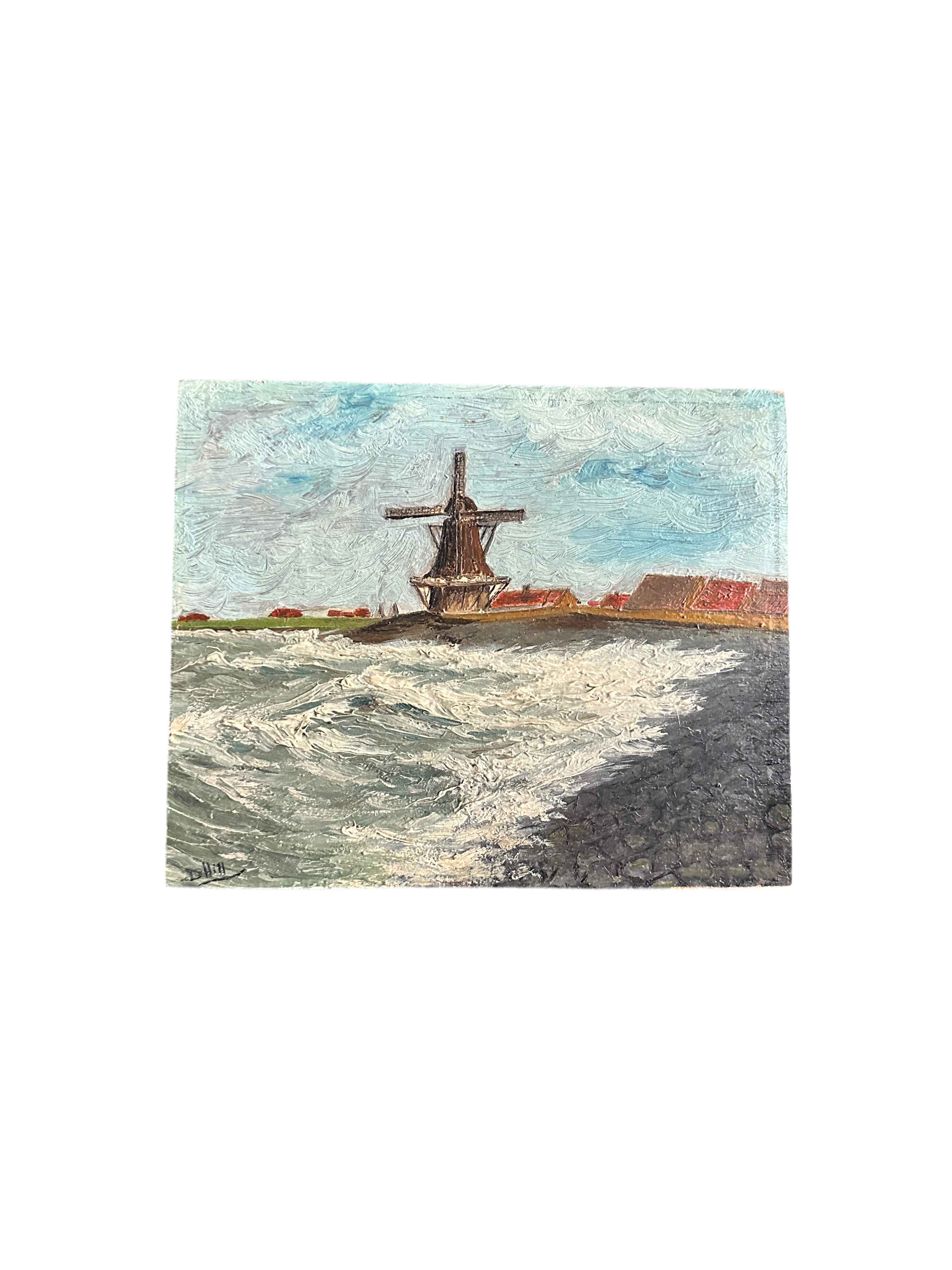Dutch Windmill Oil Painting on Board