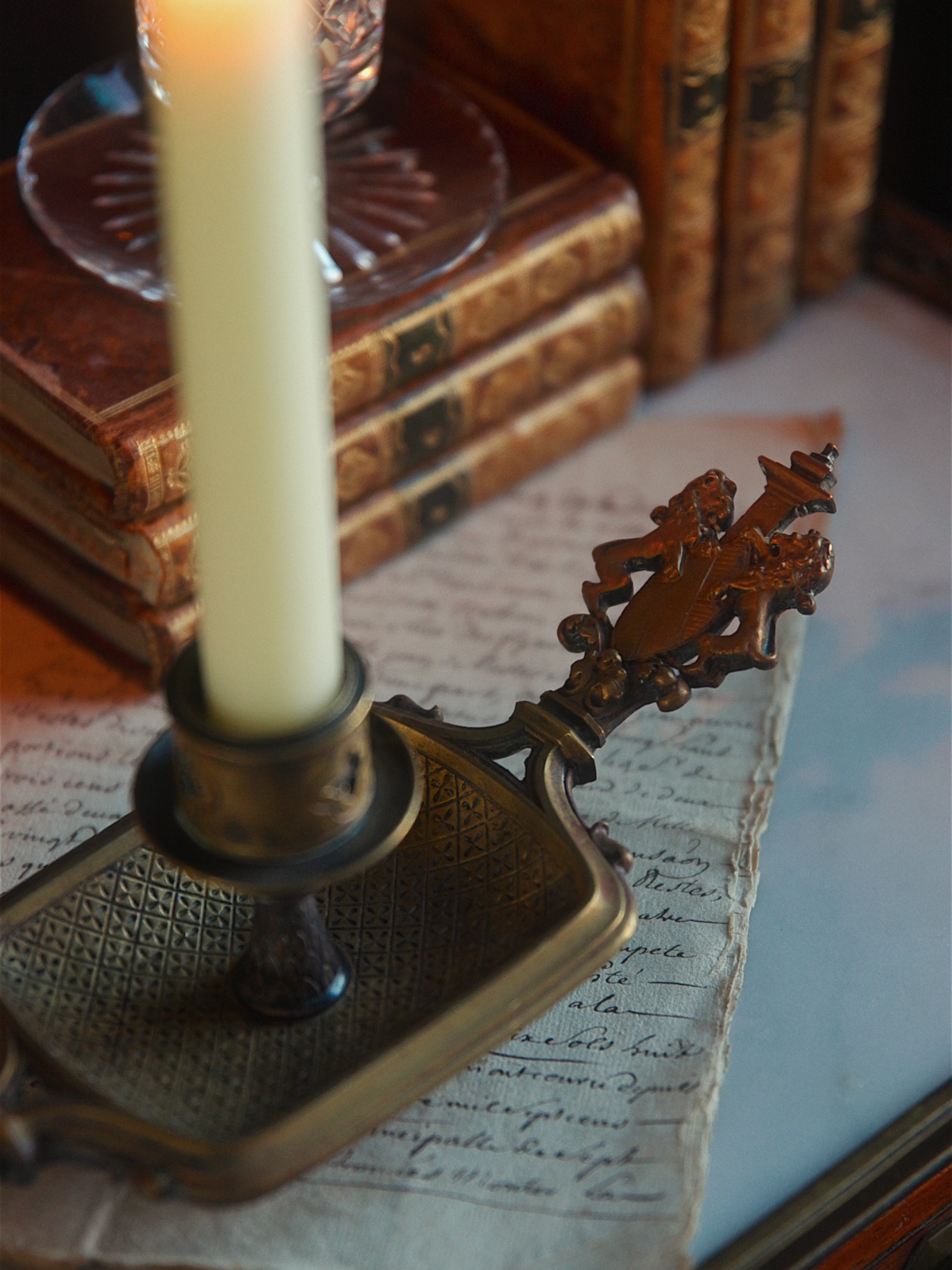 19th-Century French Bronze Chamberstick with Heraldic Handle