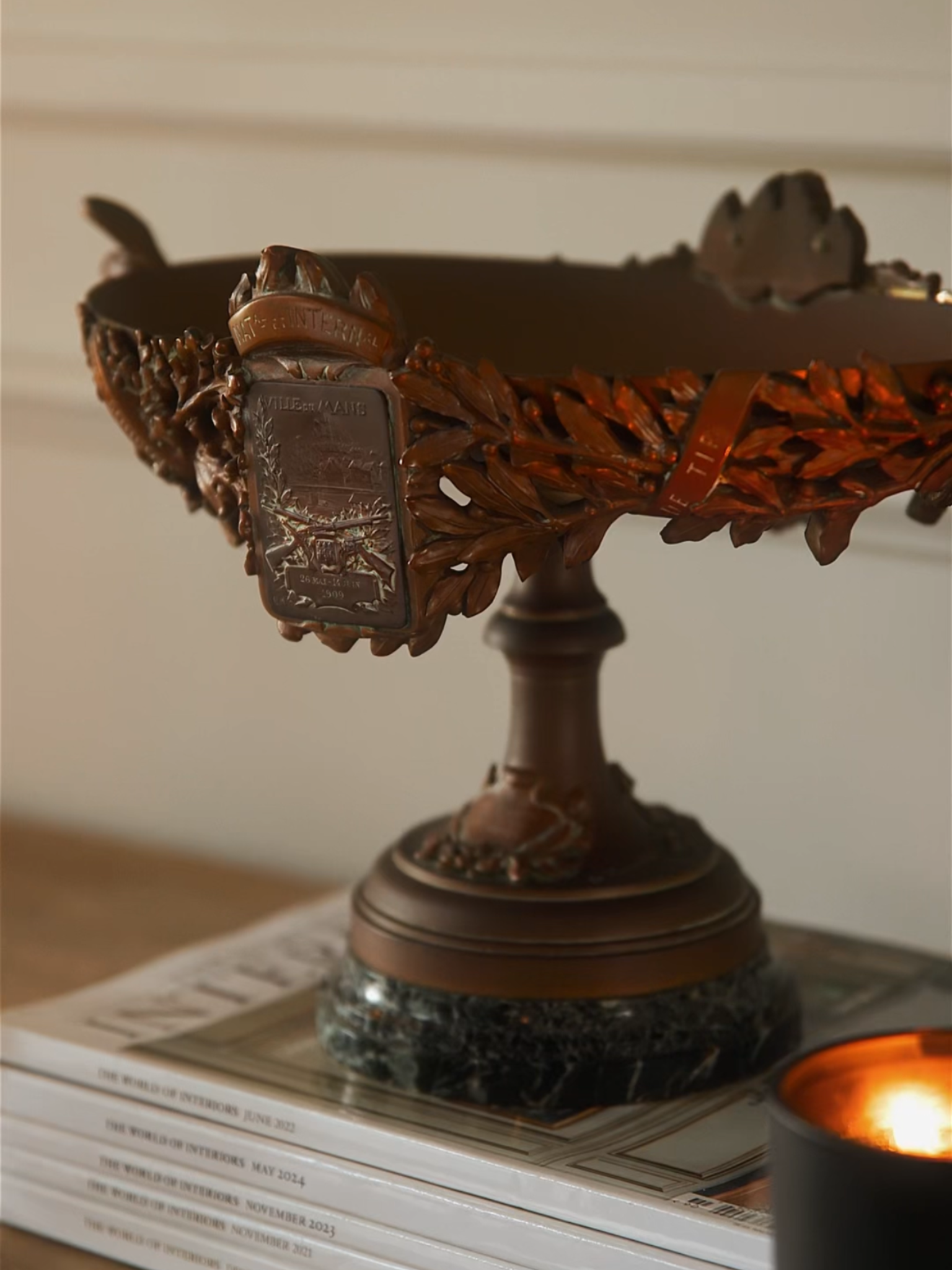 19th Century French Bronze Trophy Urn on Marble Base
