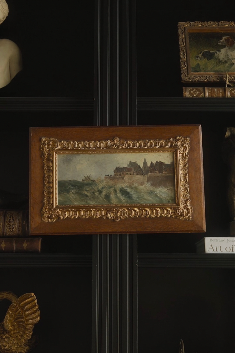 Late 19th-Century European Coastal Landscape with Breaking Waves, Signed with Monogram | Hand Carved Oak & Gilt Frame