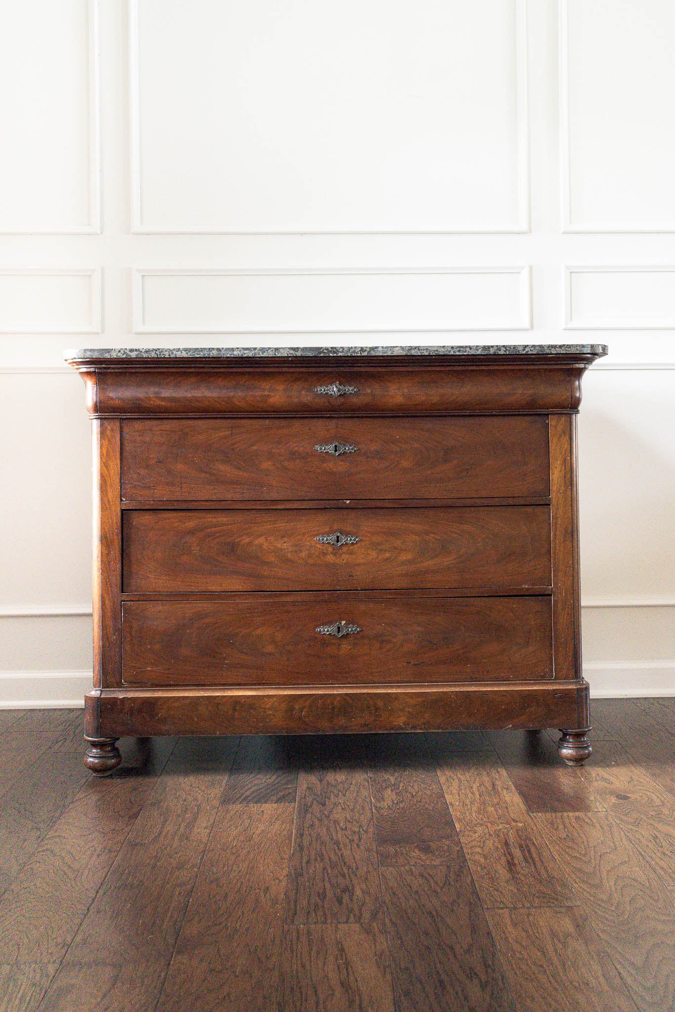 19th Century Black Marble Top Mahogany Commode with Ornate Bronze Detail