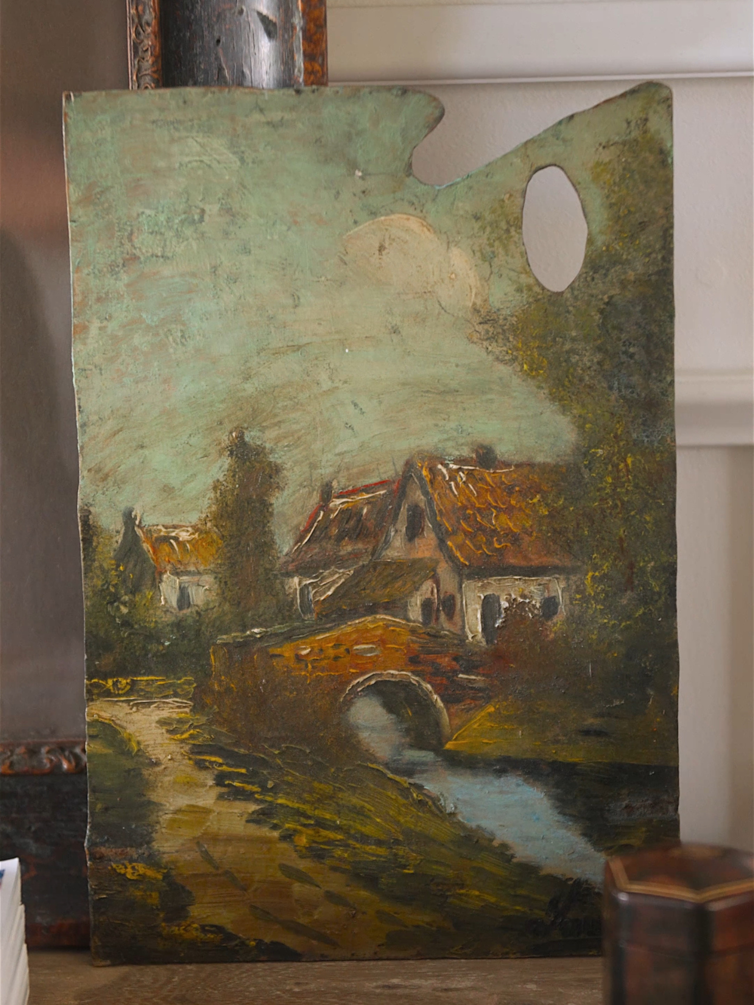 Oil Painting on Artists Palette - Rustic Village Scene