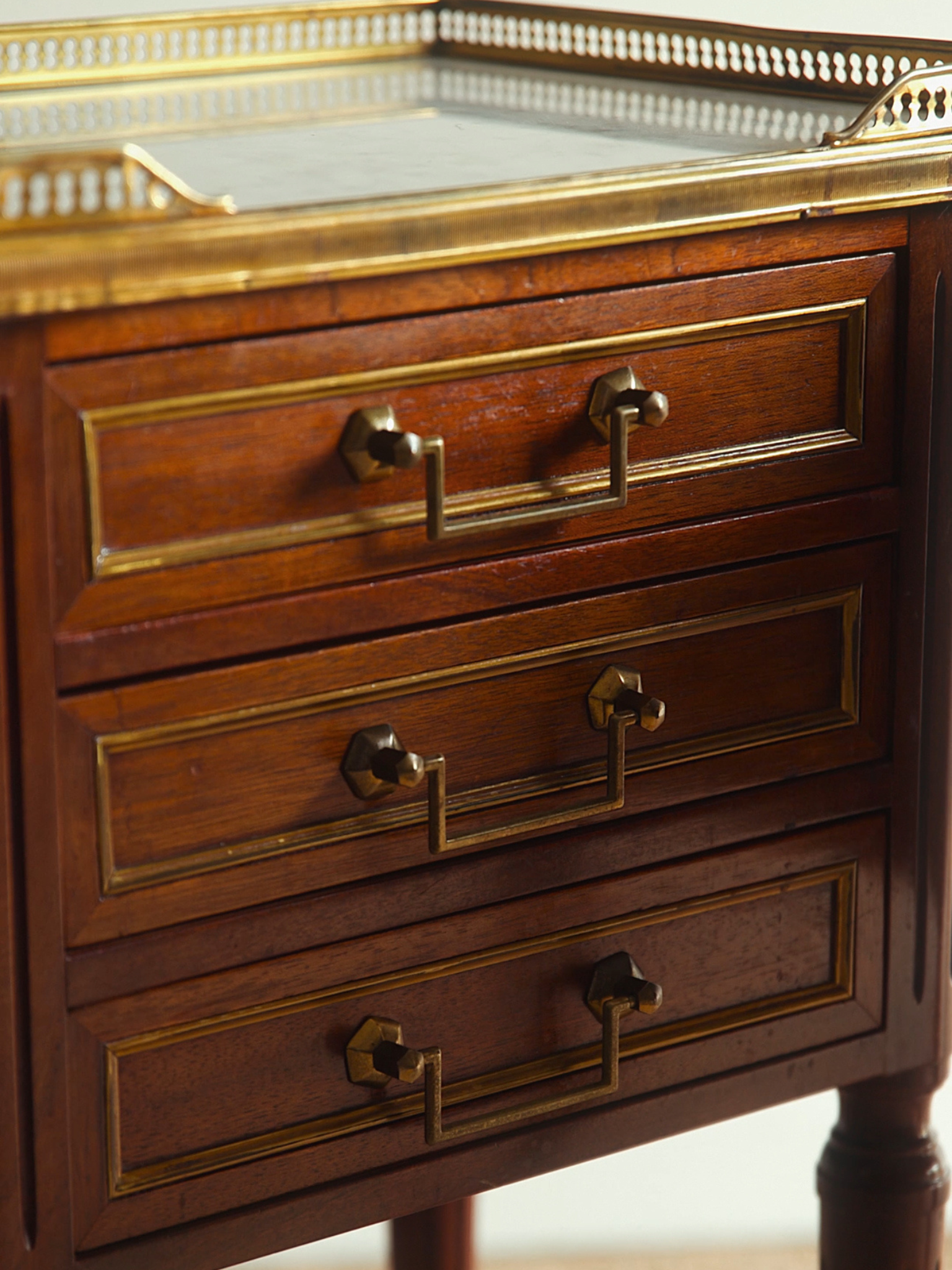 Pair of Louis XVI–Style Mahogany Nightstands with Carrara Marble Tops