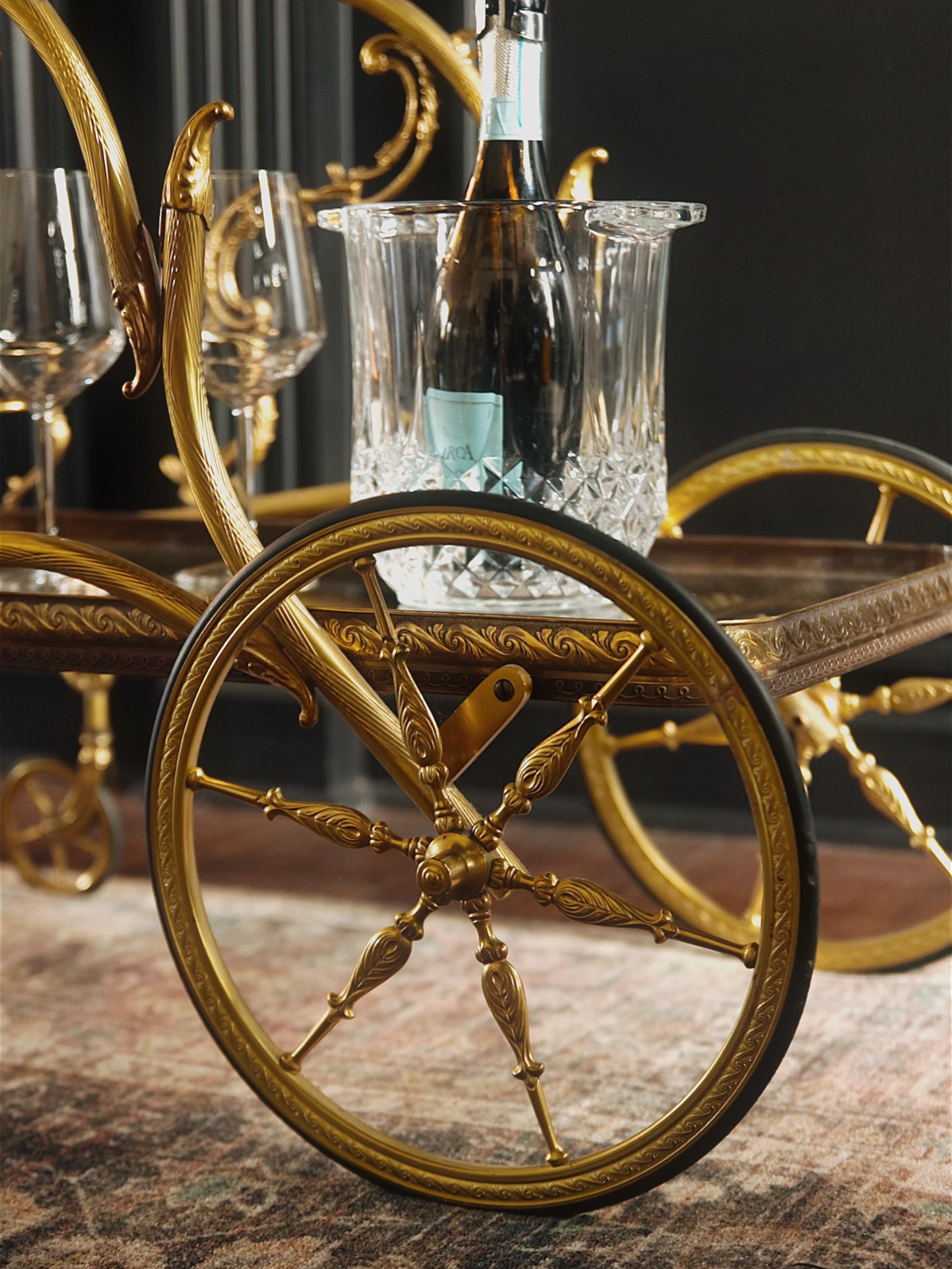 French Gilded Bar Cart With Cut Glass Accents