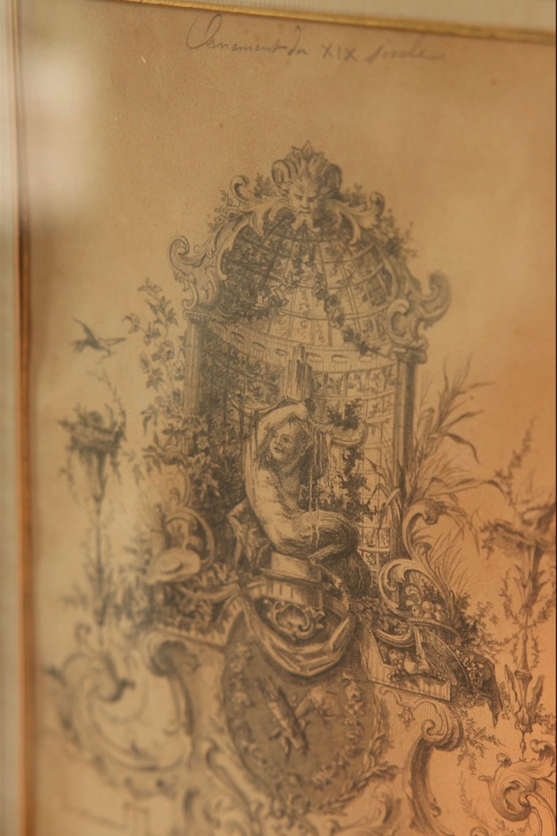 French School Decorative Design Study with Annotated Workshop Corrections, Signed and Dated 1875, Pen, Ink, and Graphite on Paper