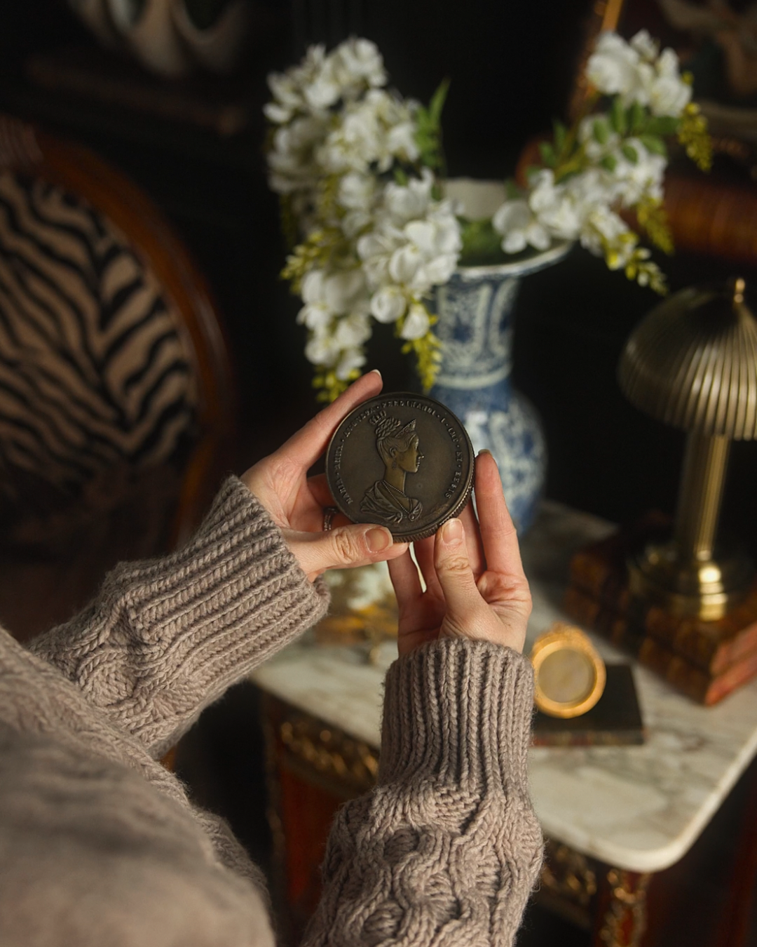 19th Century French Bronze Portrait Medallion with Convex Magnifying Glass