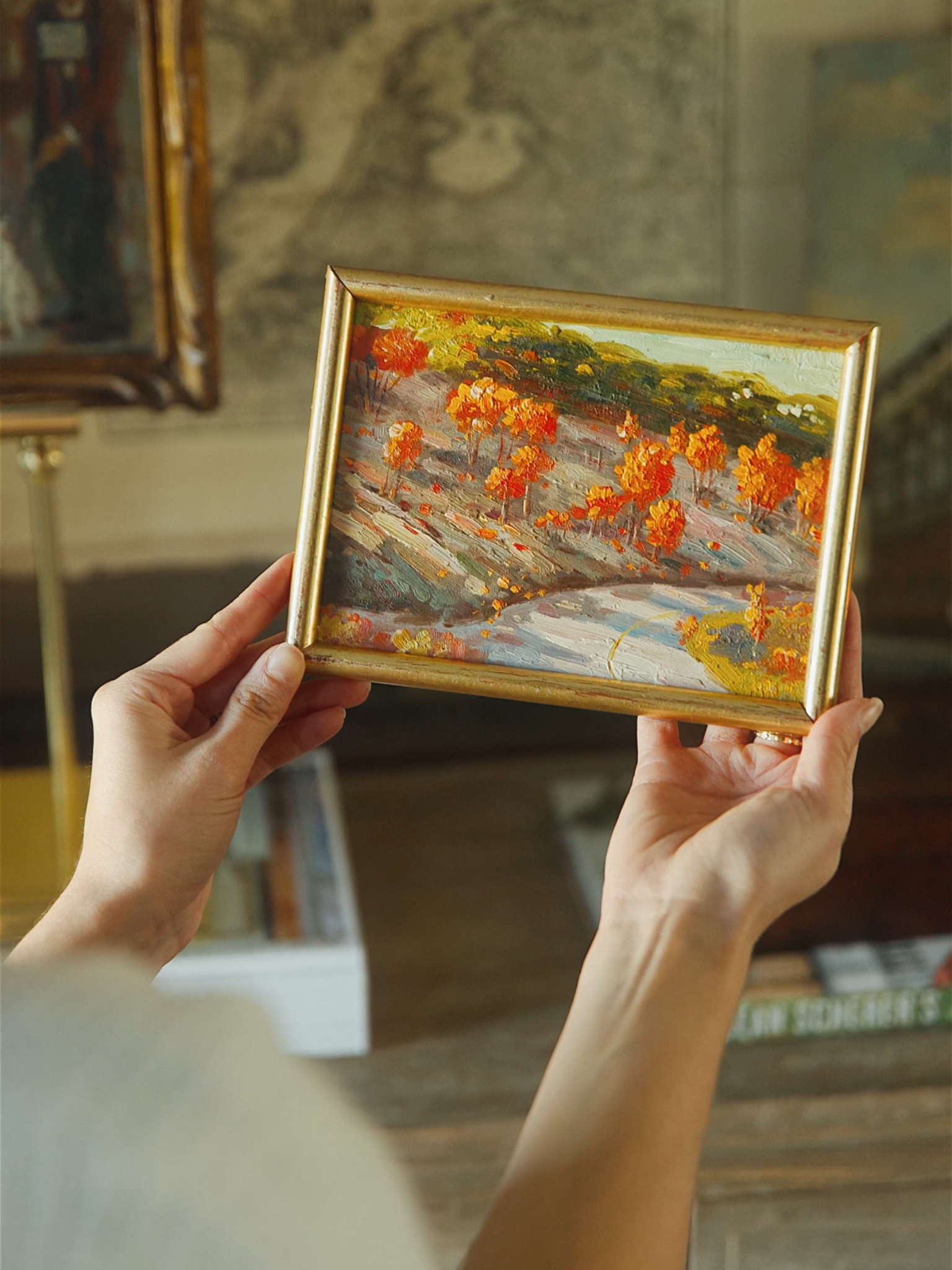 Framed Oil on Board – Autumn Landscape with River Bend