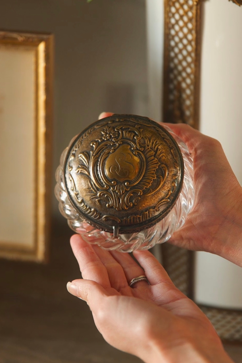 French Cut Crystal & Repoussé Silverplate Vanity Box with Hinged Lid