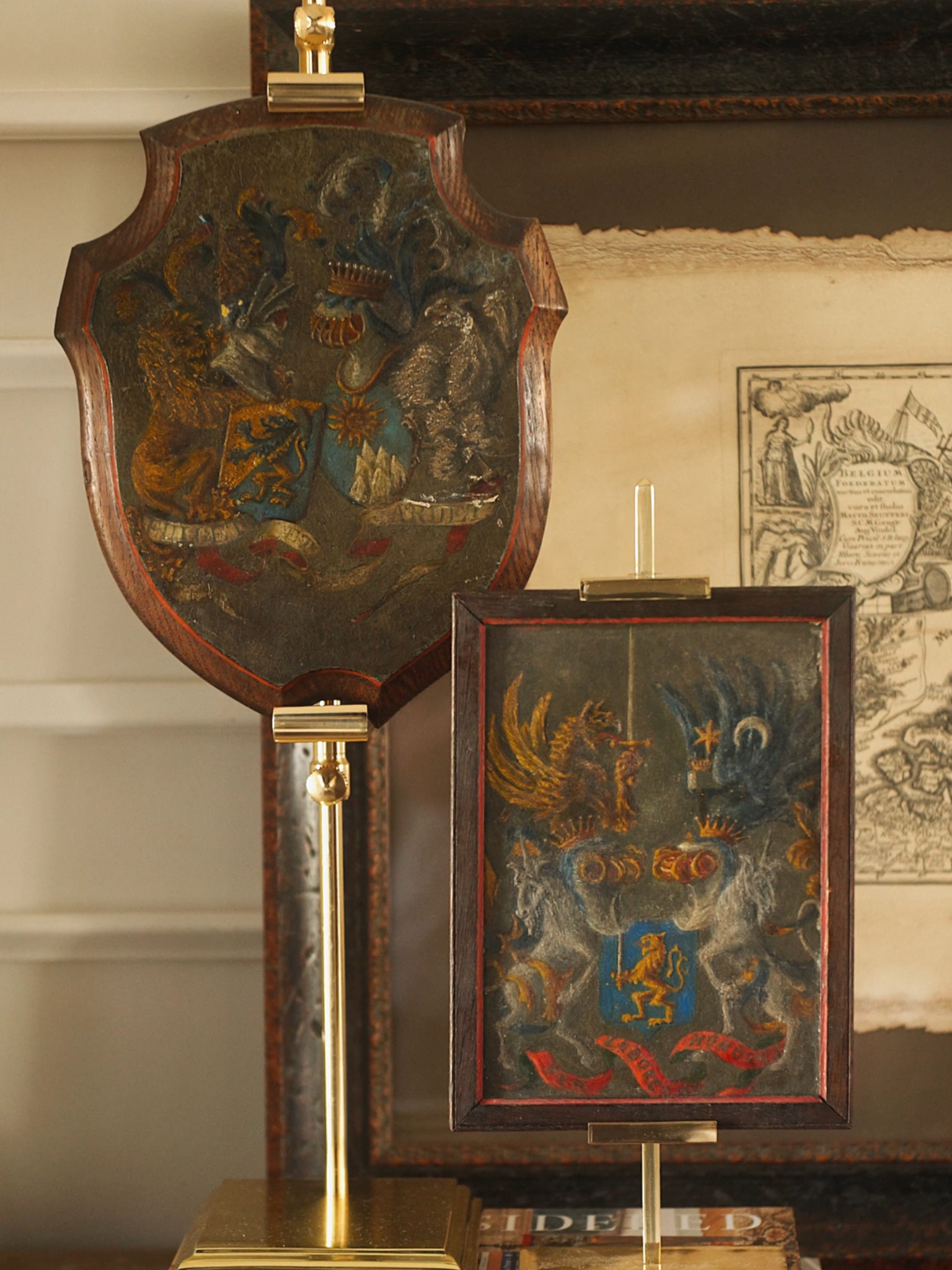 Antique Hand Painted Heraldic Wooden Crest in Frame