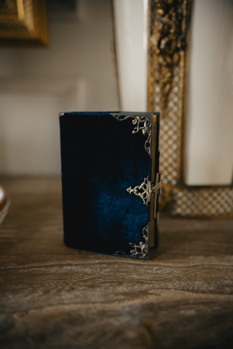 19th C. French Lyon Catholic Book of Hours in Blue Velvet with Silver Cross Clasp