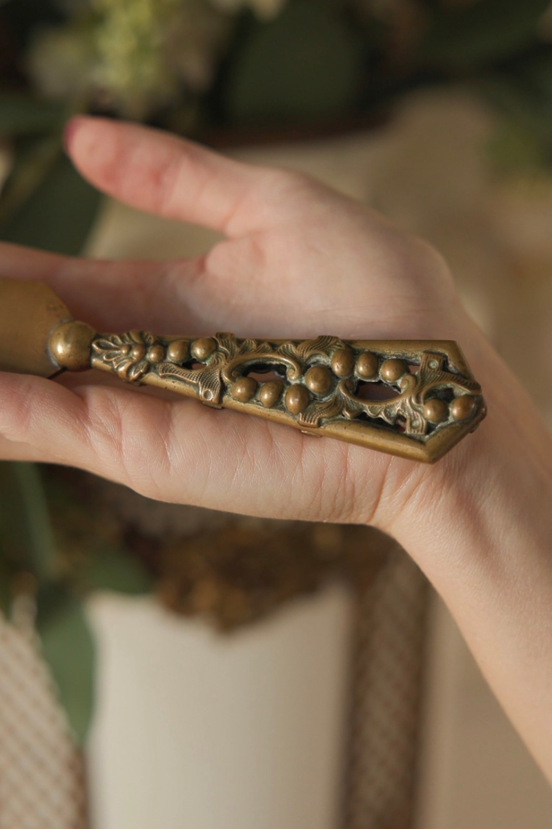 Antique Brass Letter Opener with Pierced Grape Vine Handle & Engraved Monogram