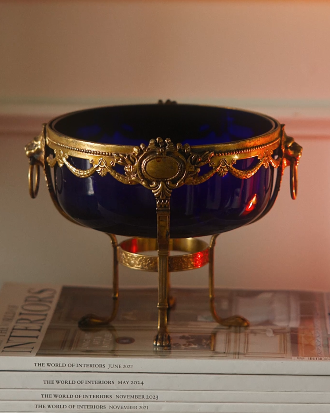 Late 19th–Early 20th Century French Cobalt Blue Glass Centerpiece Bowl with Gilt Bronze Mounts