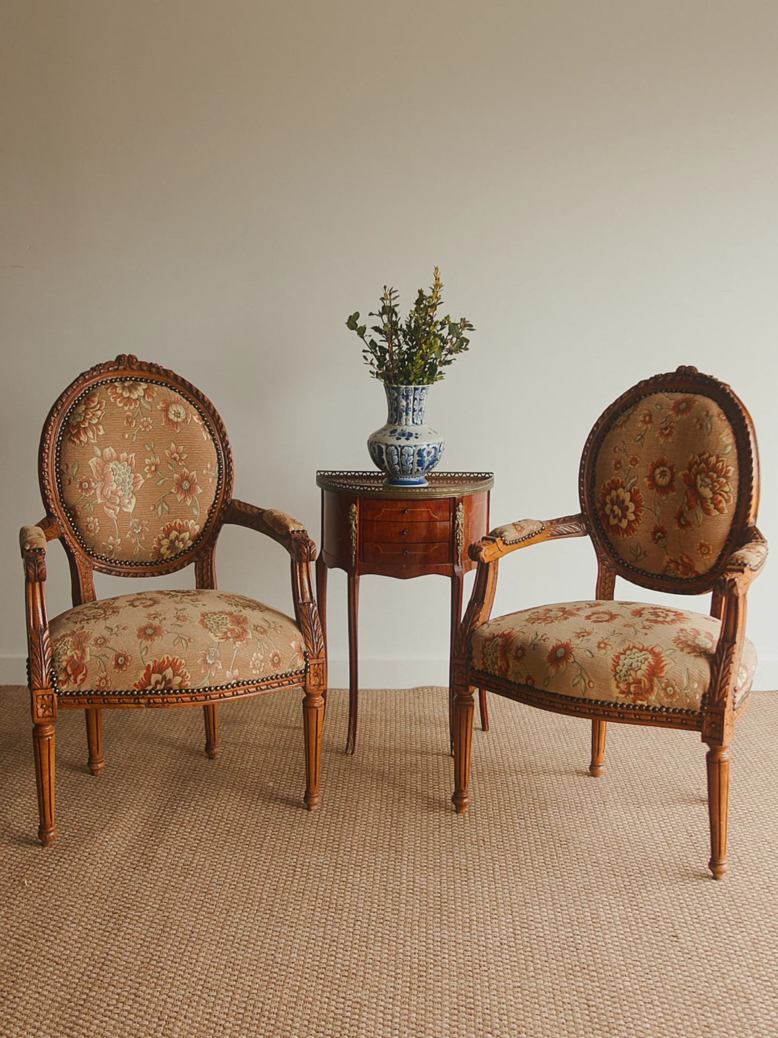 Pair of Antique French Louis XVI Carved Fauteuils