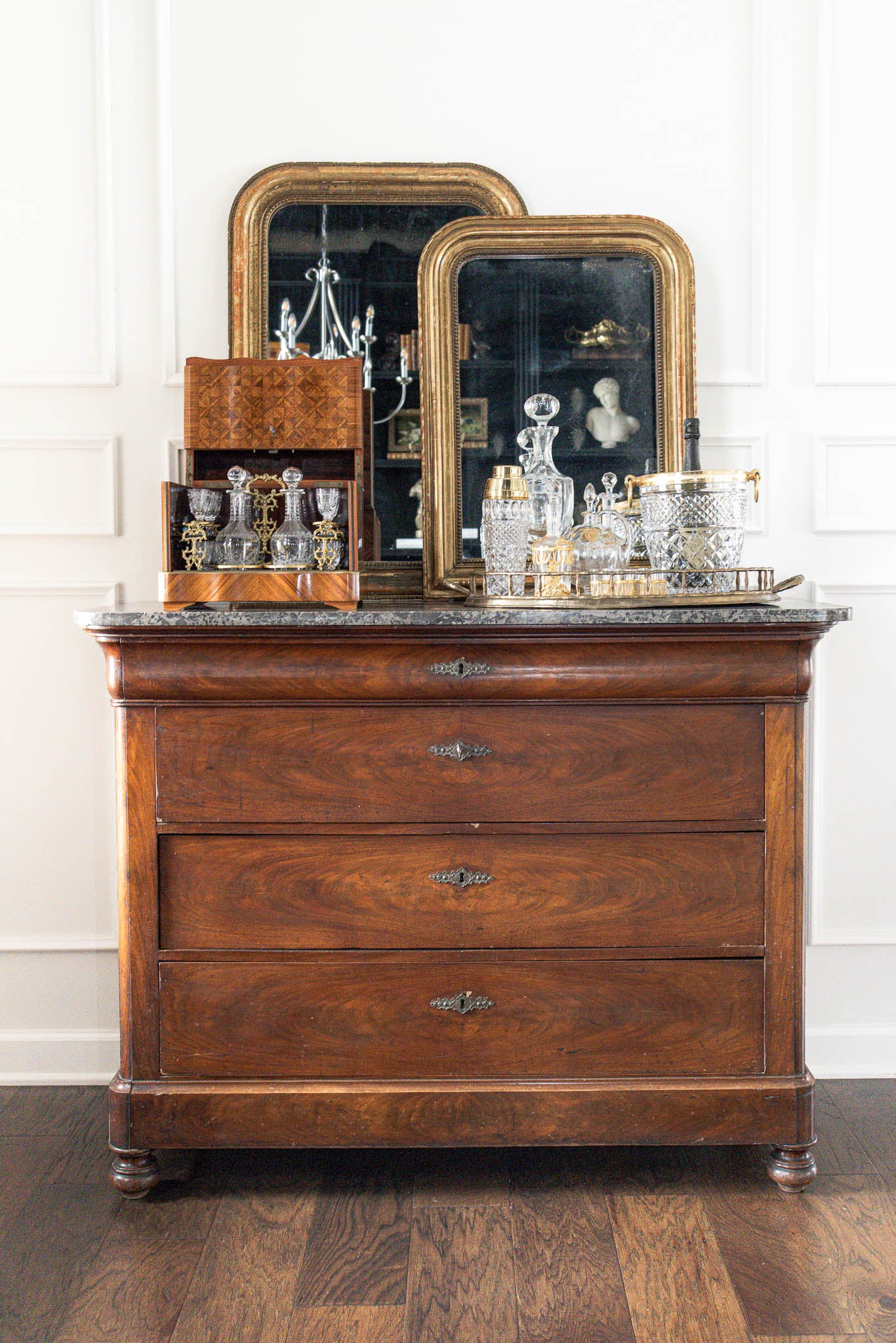 19th Century Black Marble Top Mahogany Commode with Ornate Bronze Detail