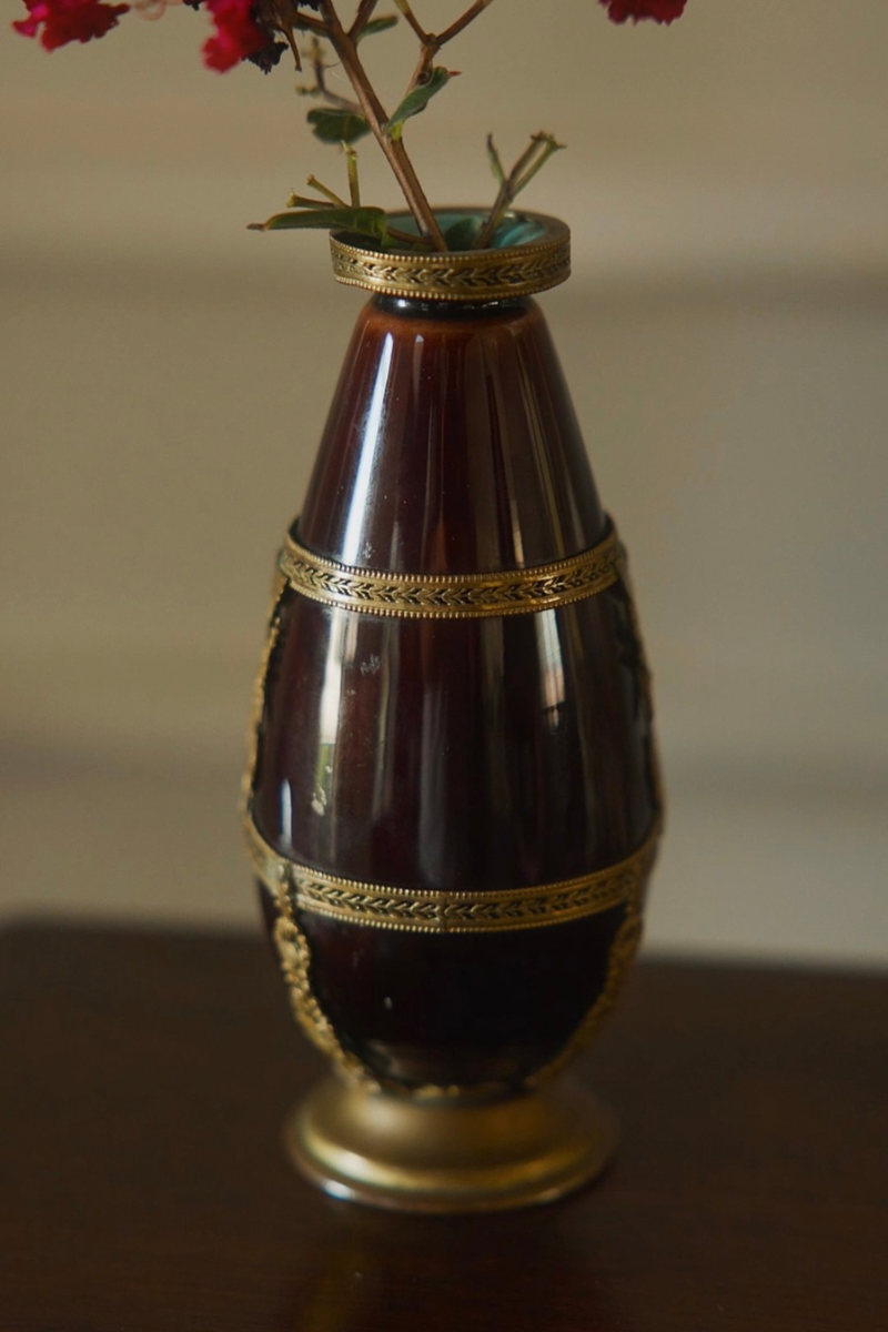 19th-Century Burgundy Glass Bud Vase with Winged Victory Mounts