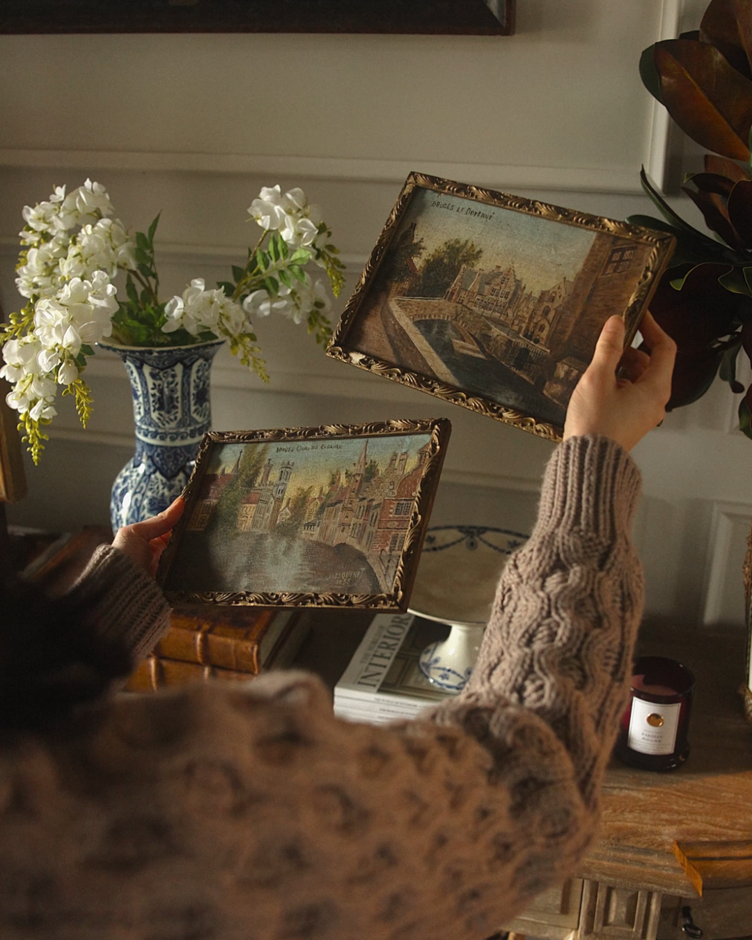 Early 20th Century Belgian Bruges Canal Scene Oil Painting Pair in Gilt Frames