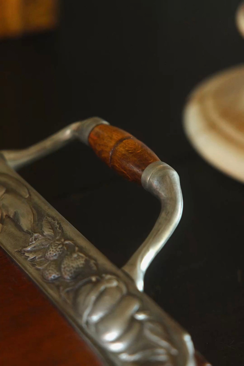 Wood and Silver-Plated Serving Tray with Harvest Border