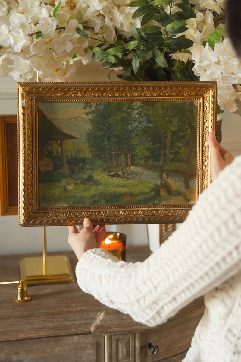 Signed Pastoral Landscape Oil Painting with Ducks by a Stream