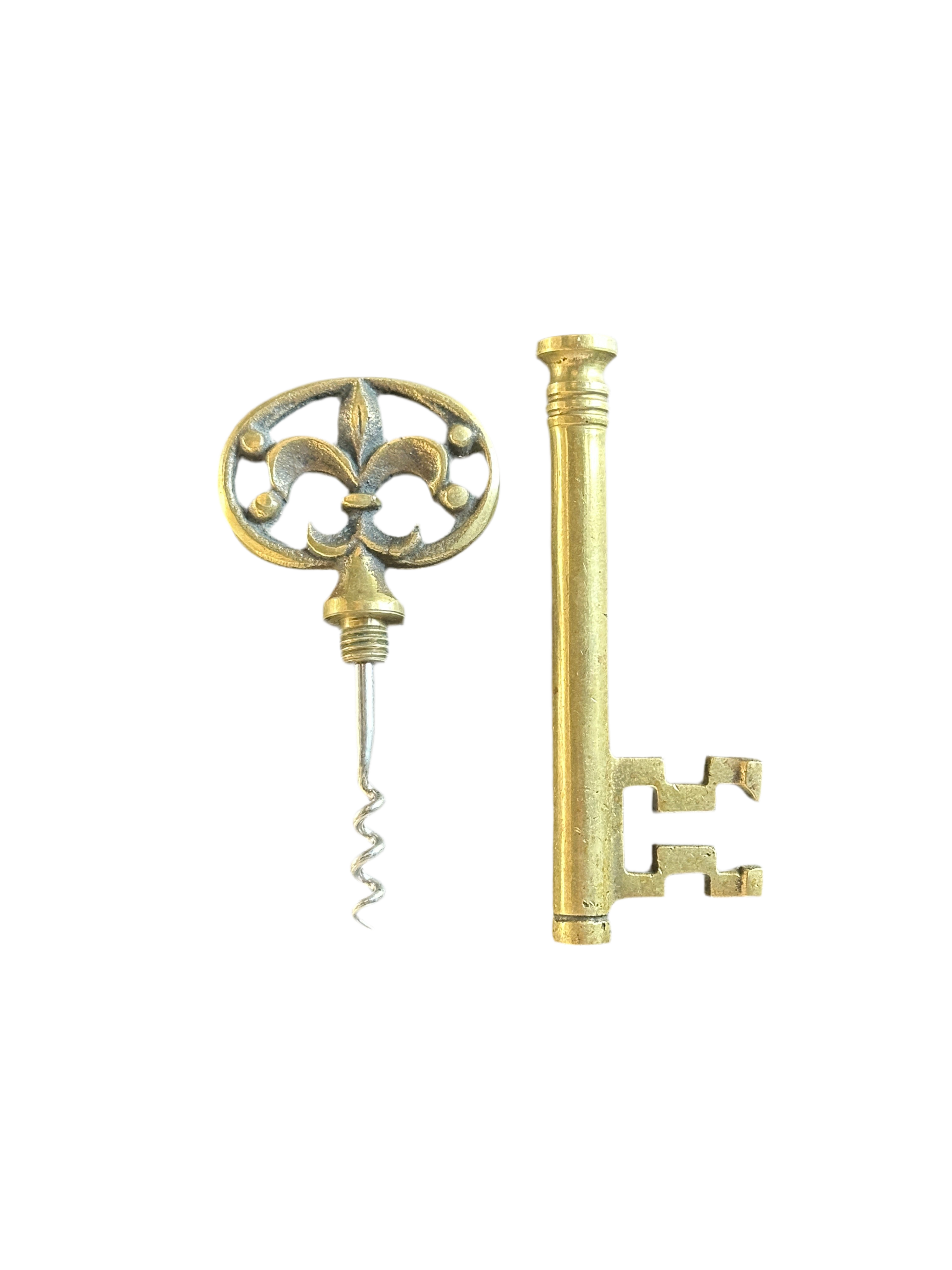 French Brass Key Corkscrew with Fleur De Lis Handle