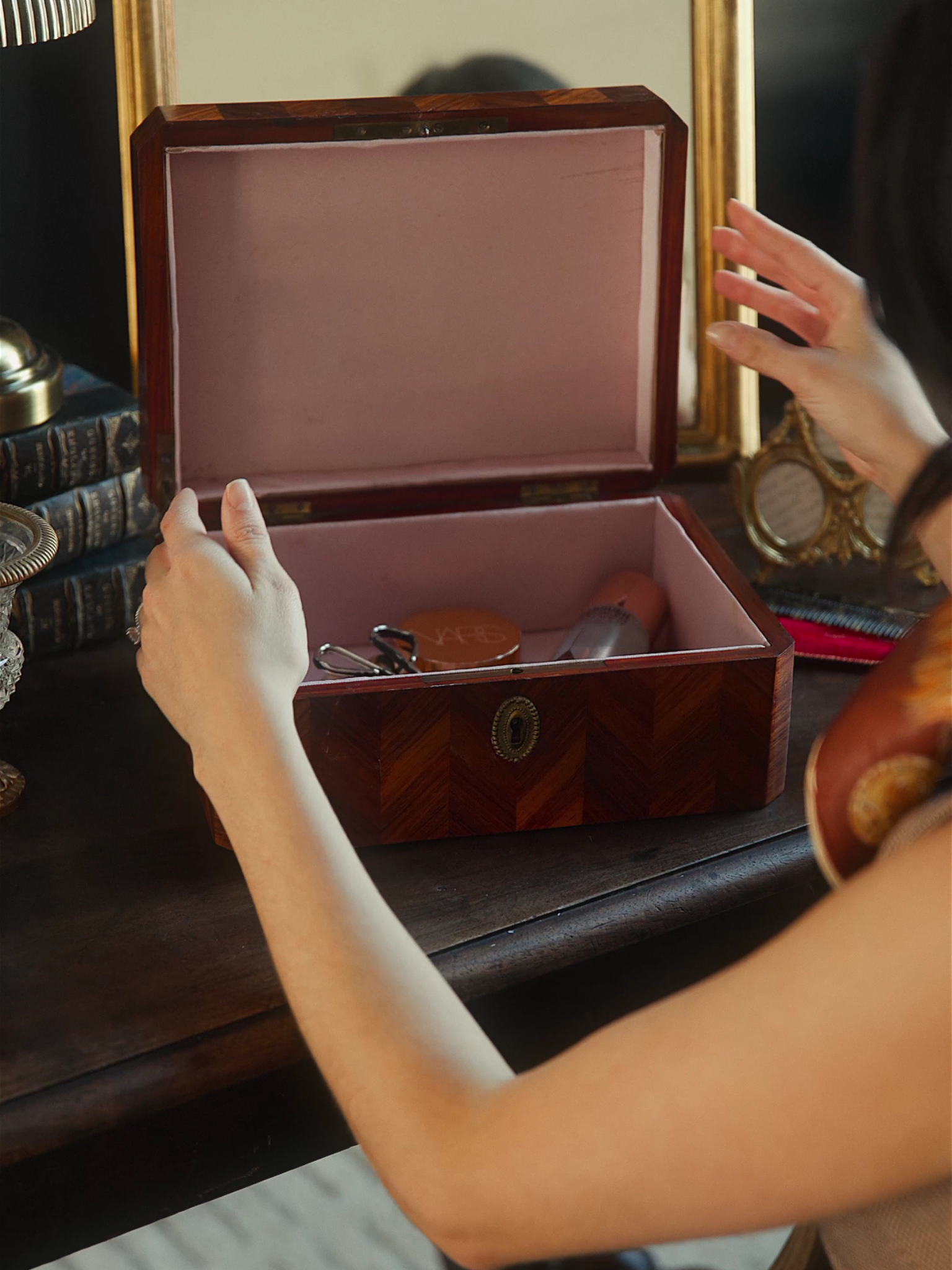 19th-Century French Marquetry Writing Box with Brass Trim & Original Key