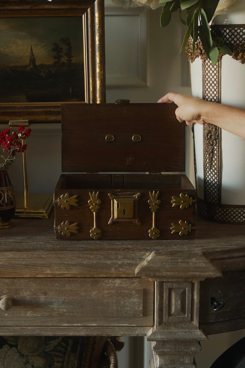 19th-Century Gothic Revival Wood Casket with Ornamental Metalwork