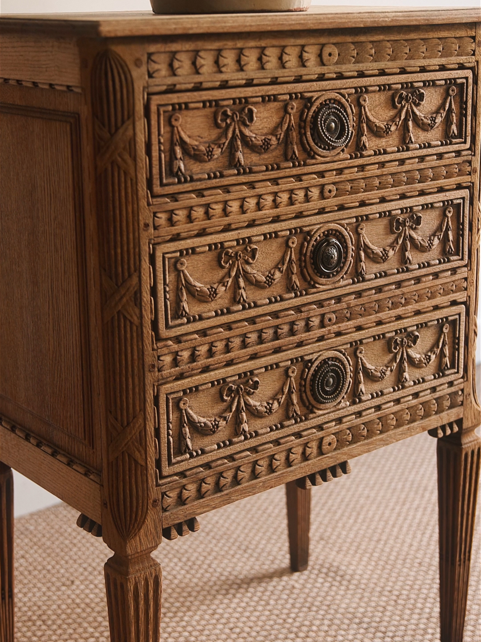 French Neoclassical Carved Oak Petite Commode