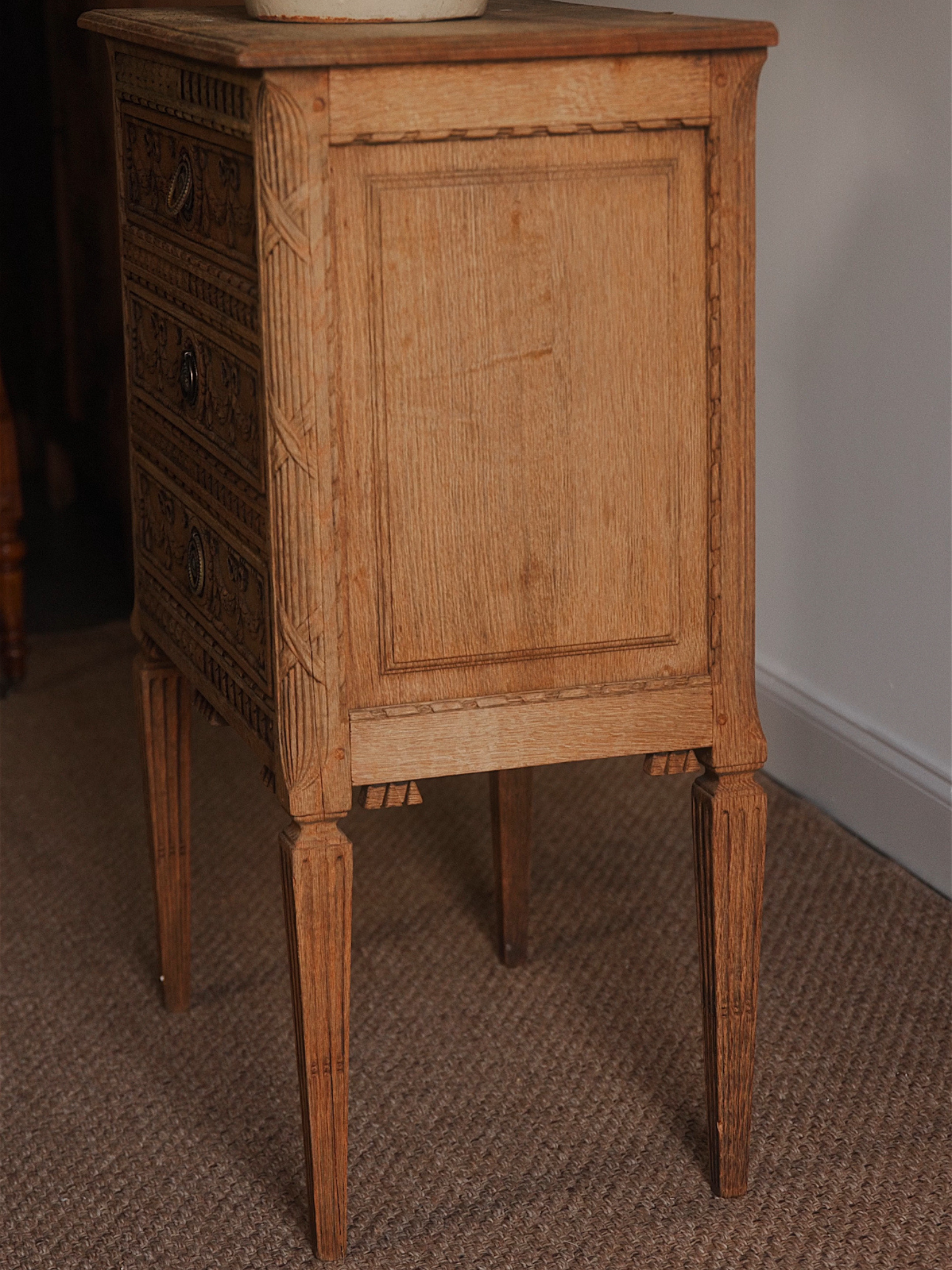 French Neoclassical Carved Oak Petite Commode