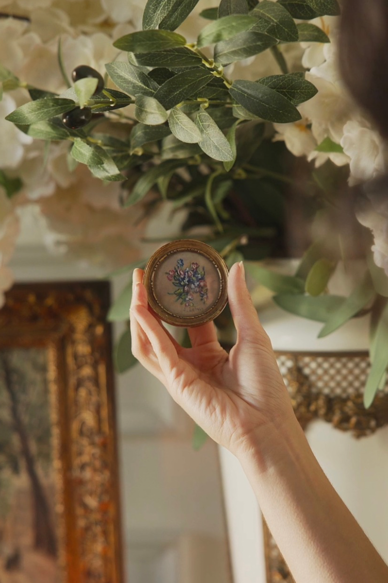 French Miniature Floral Painting in Round Gilt Frame