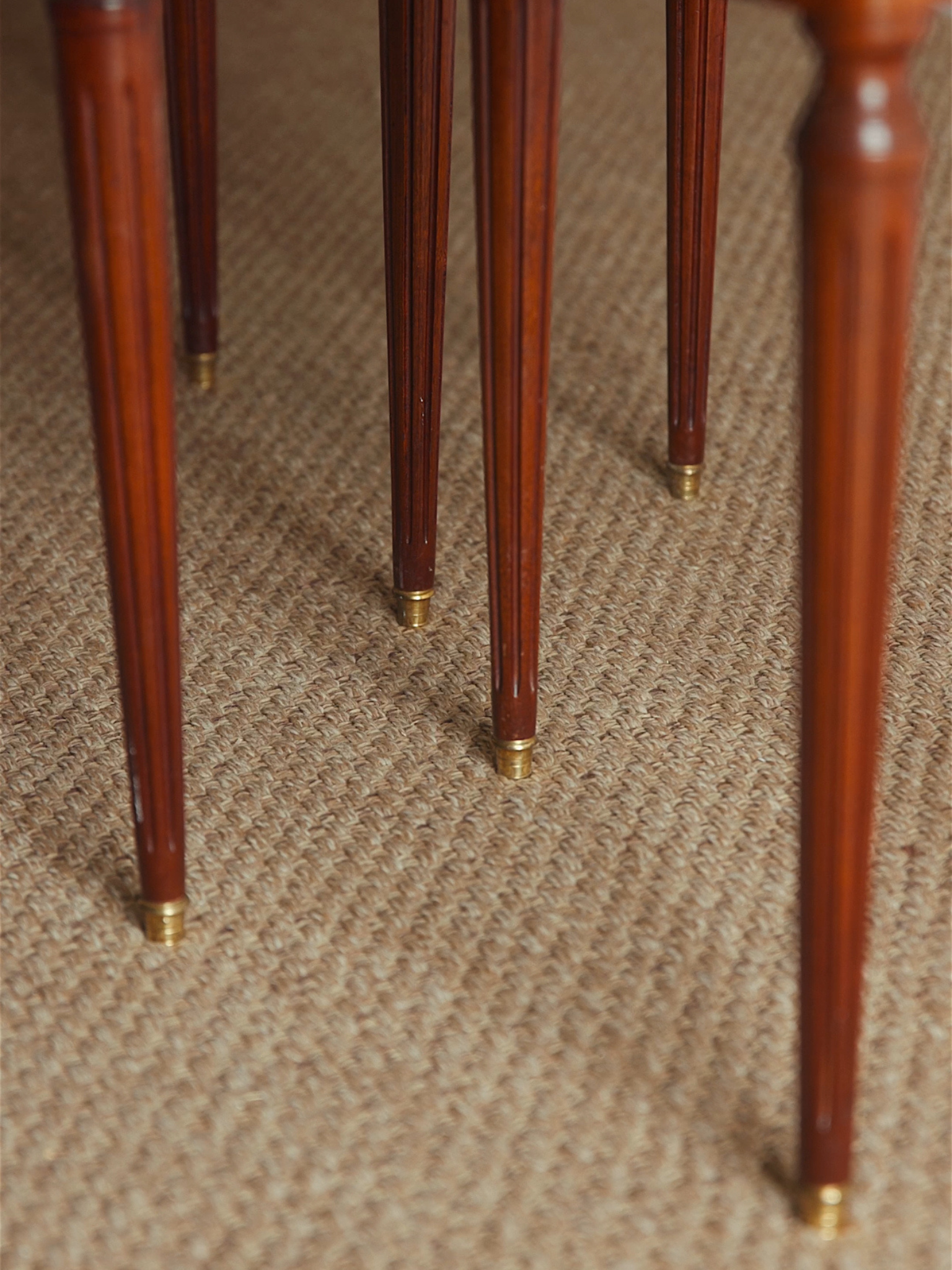 Pair of Louis XVI–Style Mahogany Nightstands with Carrara Marble Tops