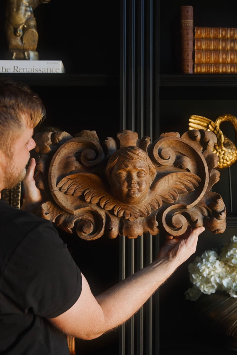 19th-Century Hand-Carved Wooden Cherub with Acanthus Scrollwork