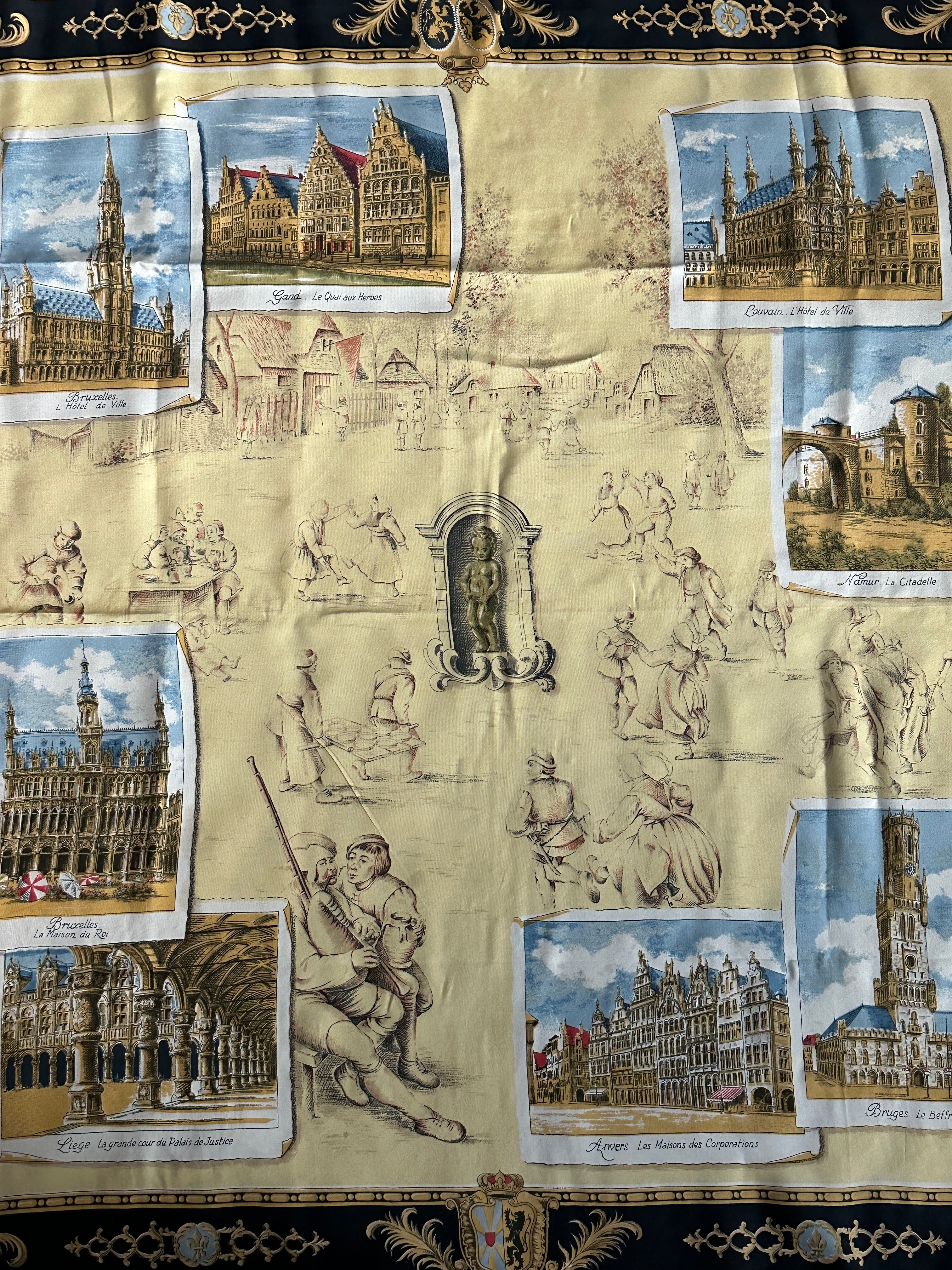 Vintage Belgian Landmark Silk Scarf - Architectural Heritage