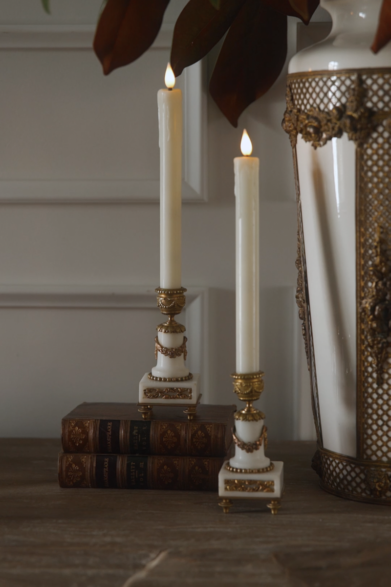 Pair of Late 19th Century French Louis XVI - Style Alabaster & Gilt Bronze Petite Candlesticks