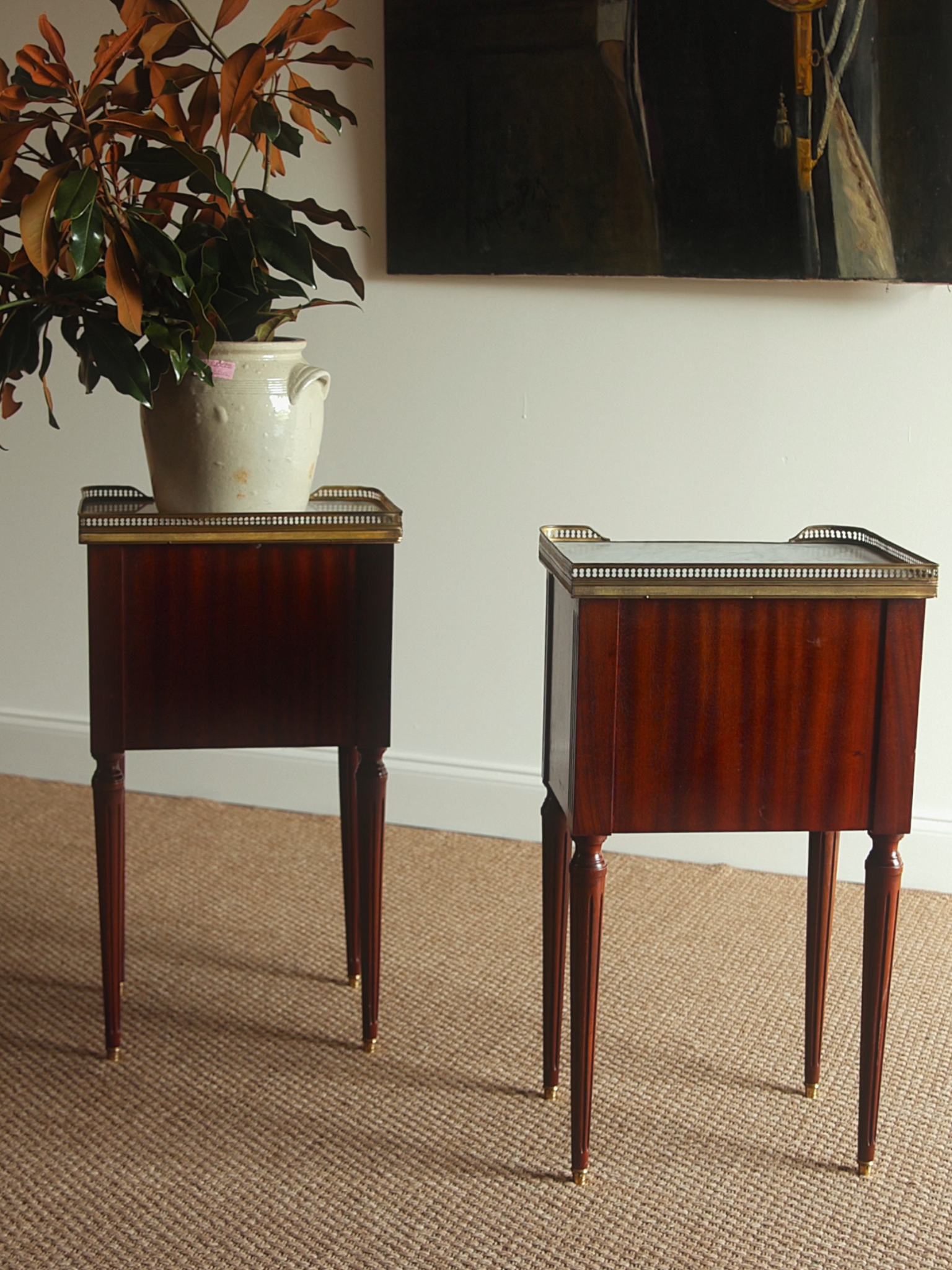 Pair of Louis XVI–Style Mahogany Nightstands with Carrara Marble Tops