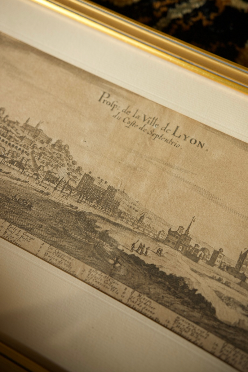 1657 Engraving After Matthäus Merian (1593–1650) “Prospect de la Ville de Lyon du Coste de Septentrion,” Panoramic View of Lyon from the North from Topographia Galliae, Published in Frankfurt.