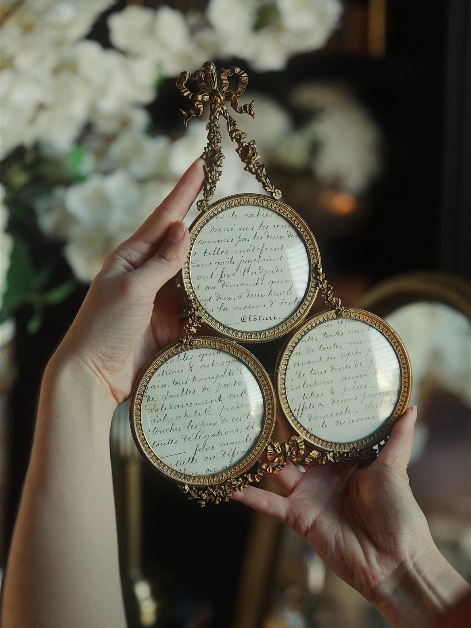19th-Century French Gilt Bronze Triple Frame with Ribbon & Floral Garlands