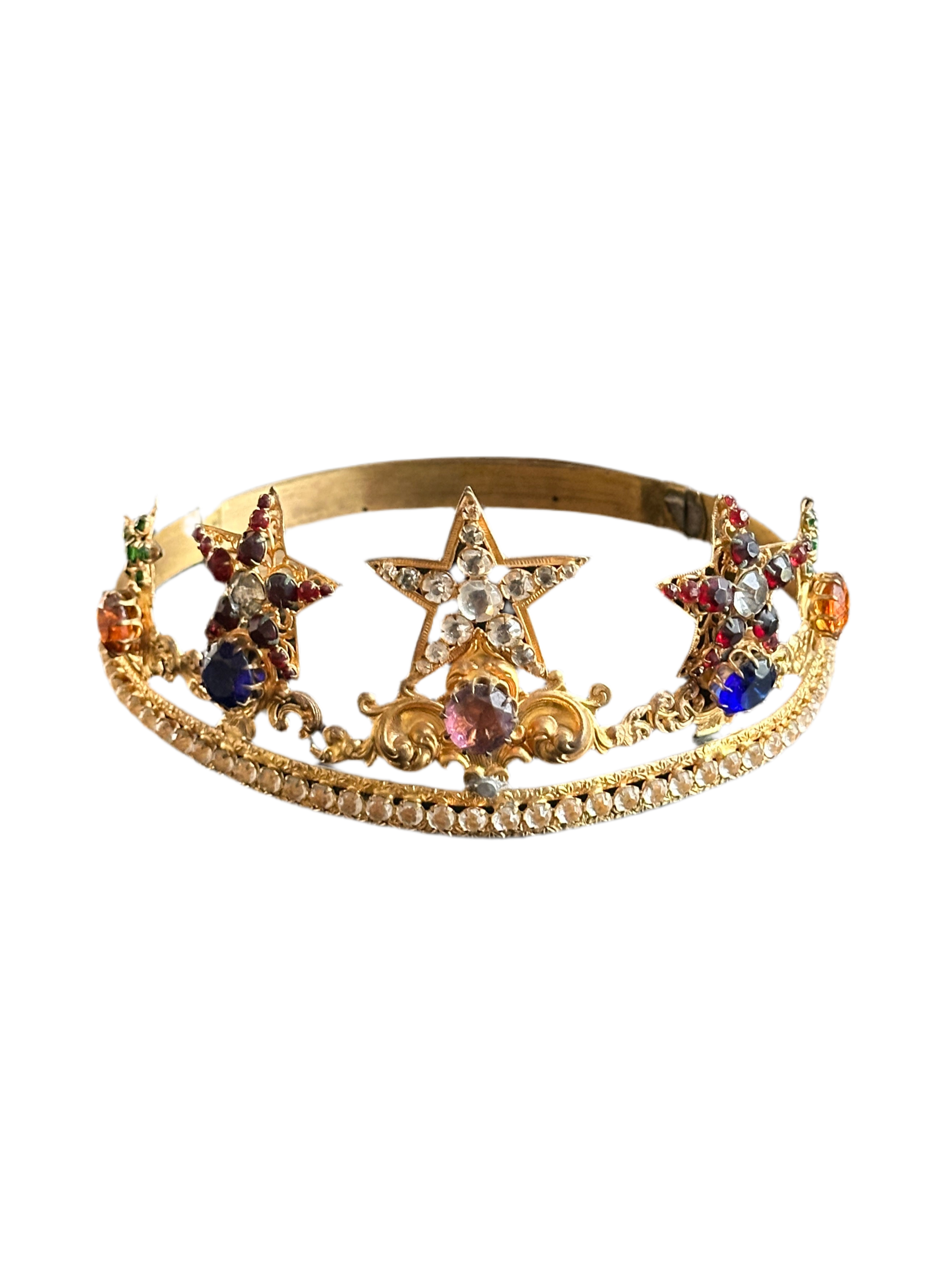 20th Century Antique Gilt Tiara With Star Motifs and Glass Jewels